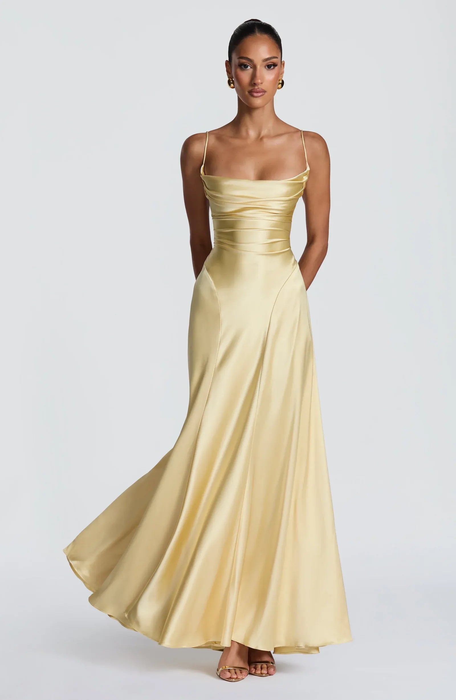 Thin Spaghetti Strap Cowl Neck Cross Lace Up Back Pale Yellow Satin A Line Maxi Wedding Guest Dresses
