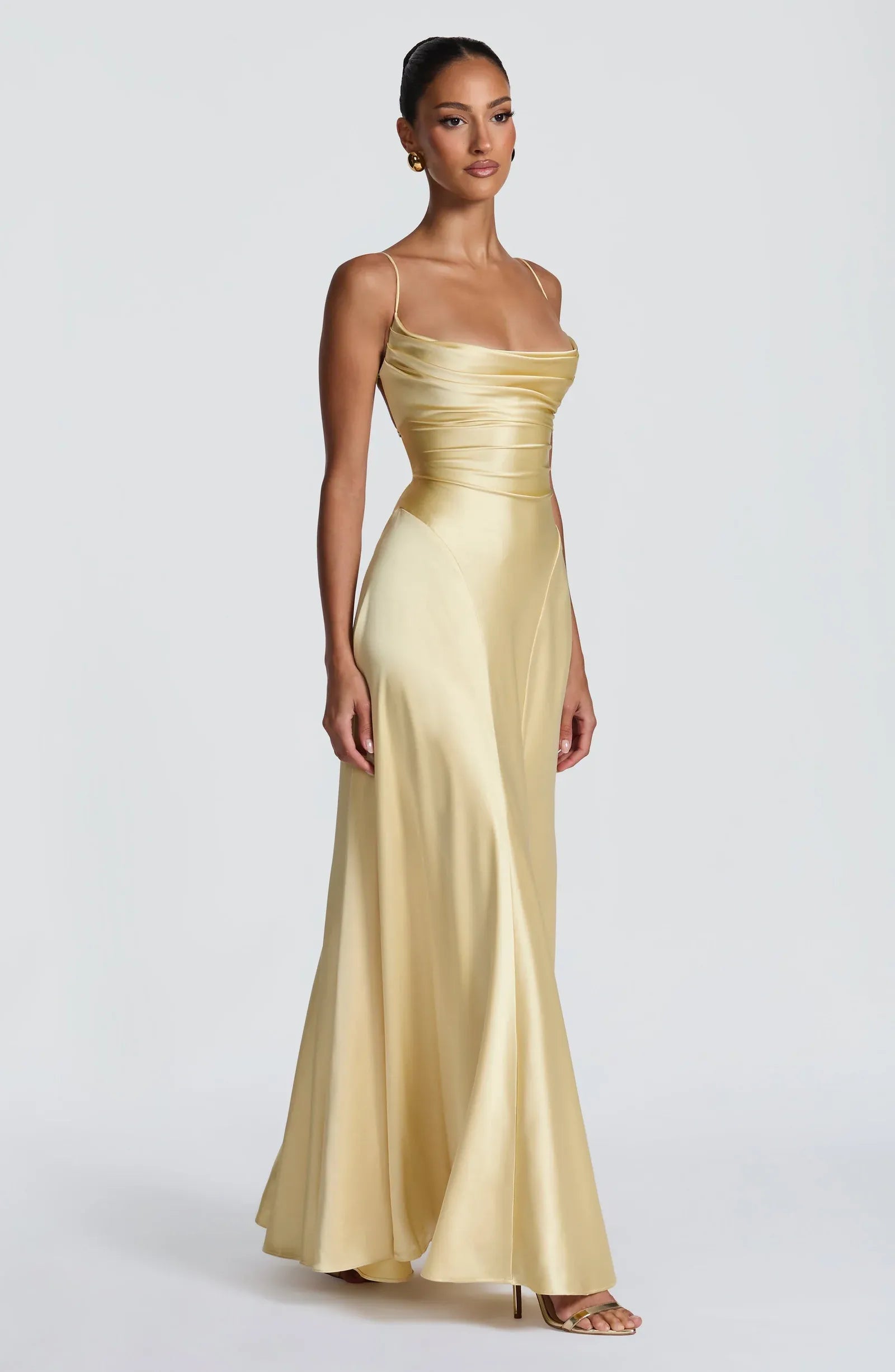 Thin Spaghetti Strap Cowl Neck Cross Lace Up Back Pale Yellow Satin A Line Maxi Wedding Guest Dresses