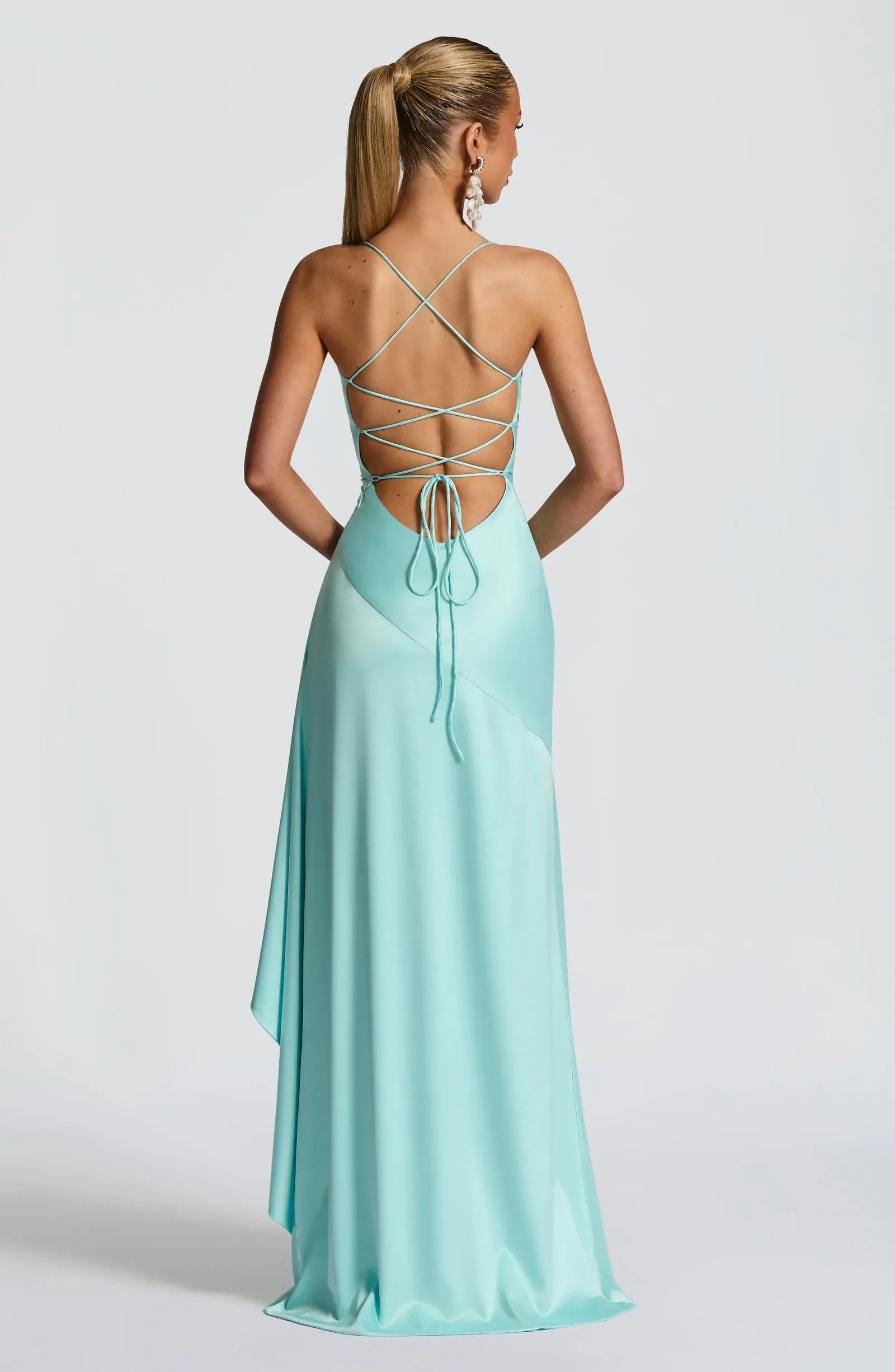 Thin Spaghetti Strap Cowl Neck Cross Lace Up Back Ruffle High Slit Turquoise Satin Maxi Wedding Guest Dresses