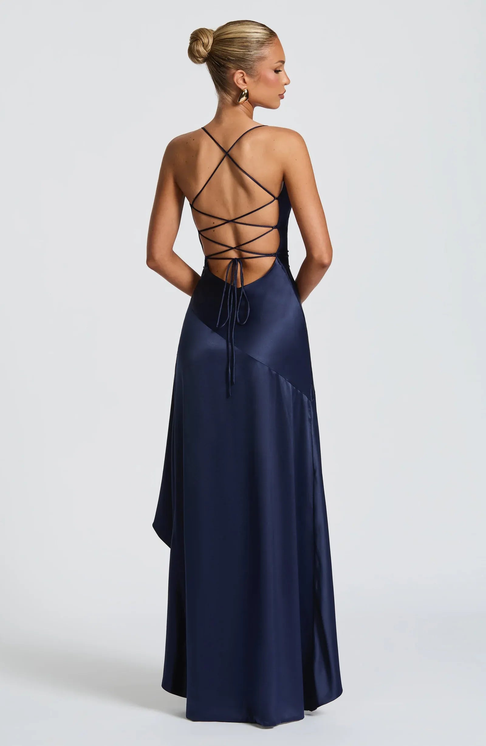 Thin Spaghetti Strap Cowl Neck Ruffle High Slit Navy Satin Maxi Wedding Guest Dresses