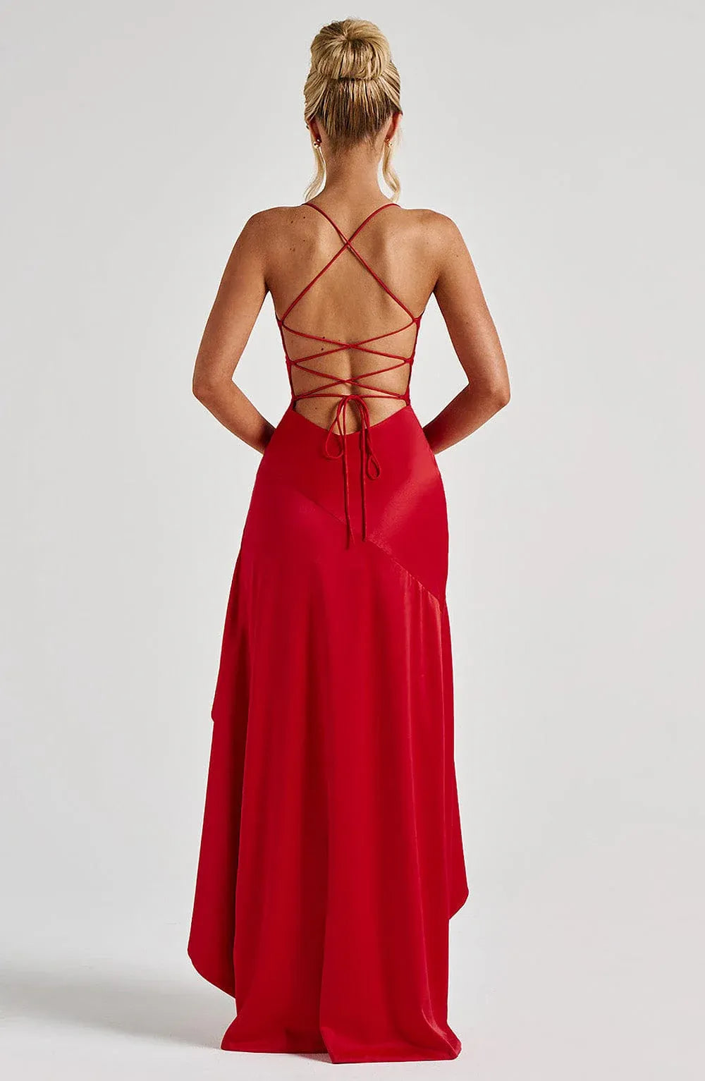 Thin Spaghetti Strap Cowl Neck Ruffle High Slit Red Satin Maxi Wedding Guest Dresses