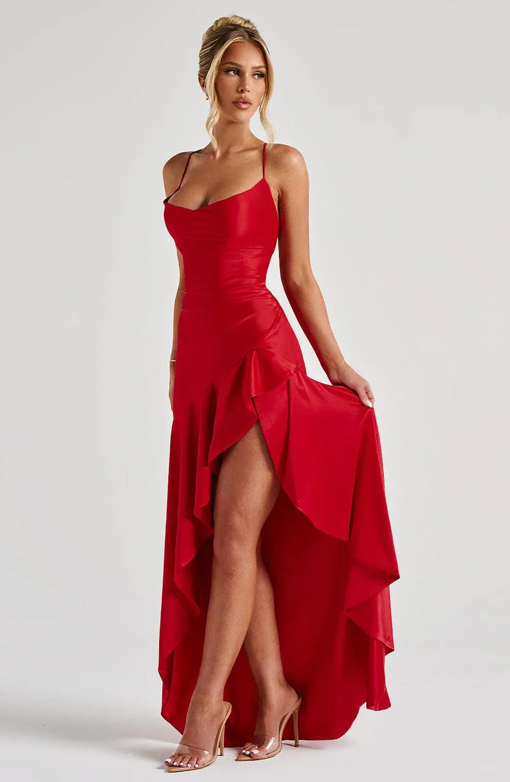 Thin Spaghetti Strap Cowl Neck Ruffle High Slit Red Satin Maxi Wedding Guest Dresses