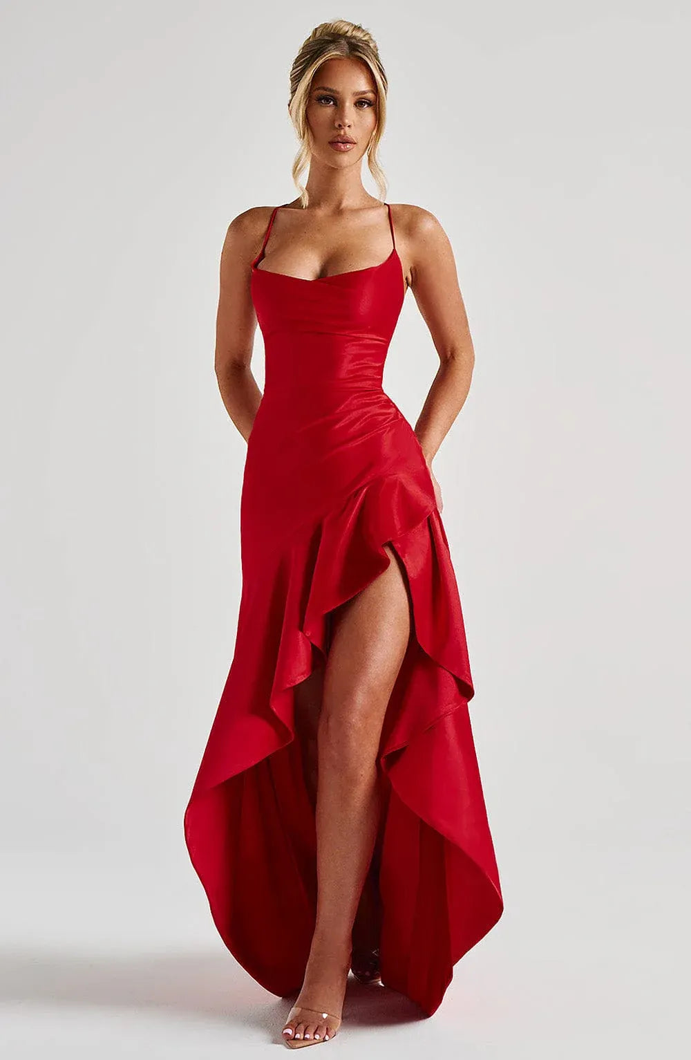 Thin Spaghetti Strap Cowl Neck Ruffle High Slit Red Satin Maxi Wedding Guest Dresses