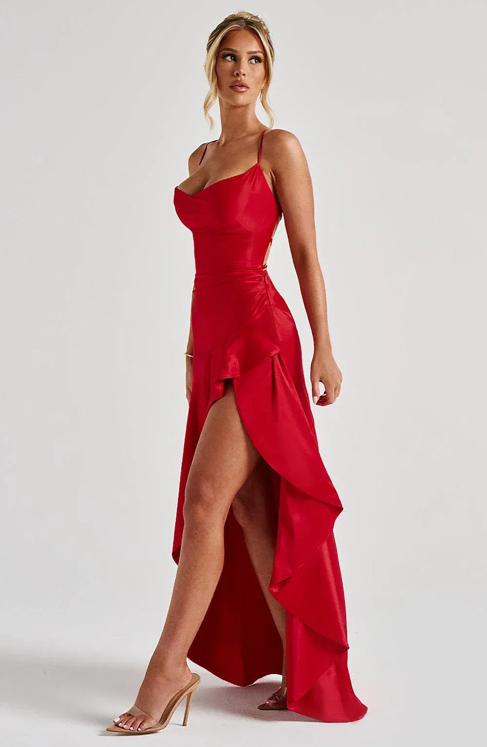 Thin Spaghetti Strap Cowl Neck Ruffle High Slit Red Satin Maxi Wedding Guest Dresses