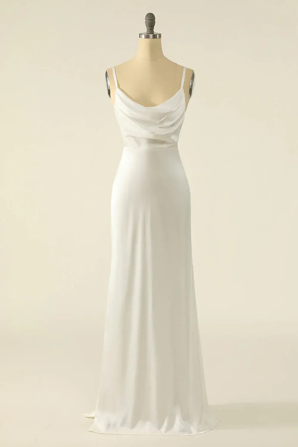 Thin Spaghetti Strap Cowl Neck Side Slit Mermaid Simple Satin Wedding Dress