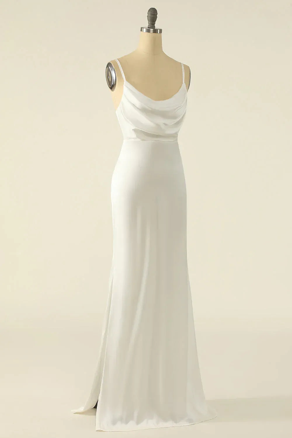 Thin Spaghetti Strap Cowl Neck Side Slit Mermaid Simple Satin Wedding Dress