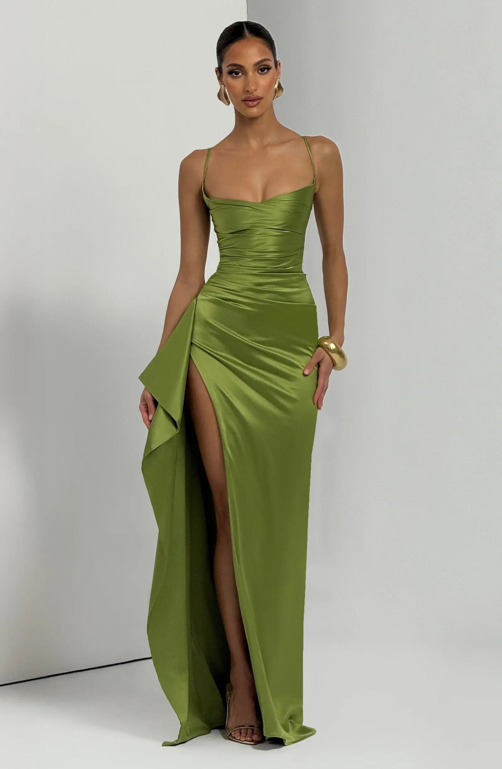 Thin Spaghetti Strap Cross Back Lace Up Side Ruched High Slit Ruffle Olive Green Satin Mermaid Maxi Wedding Guest Dresses