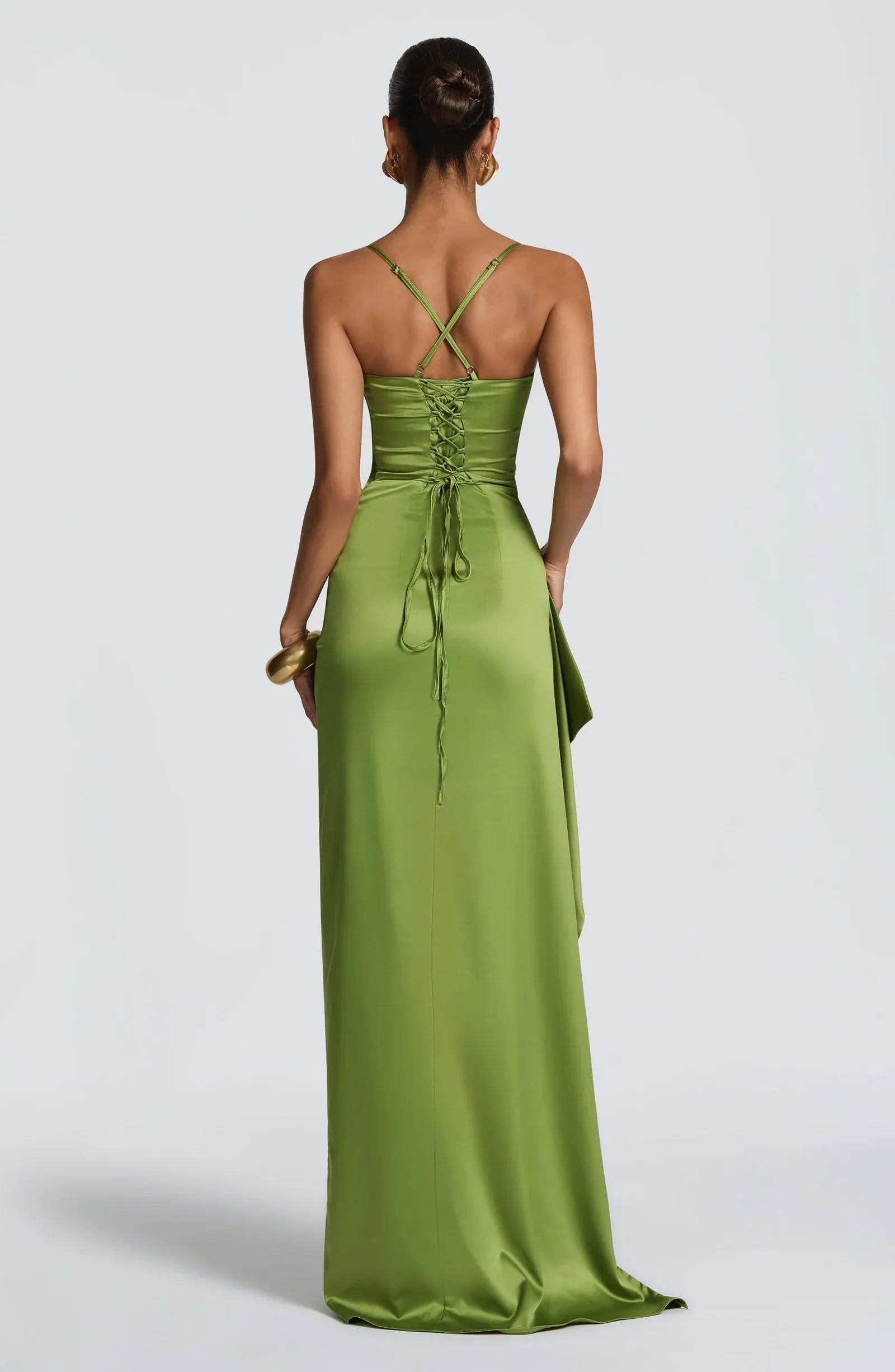Thin Spaghetti Strap Cross Back Lace Up Side Ruched High Slit Ruffle Olive Green Satin Mermaid Maxi Wedding Guest Dresses