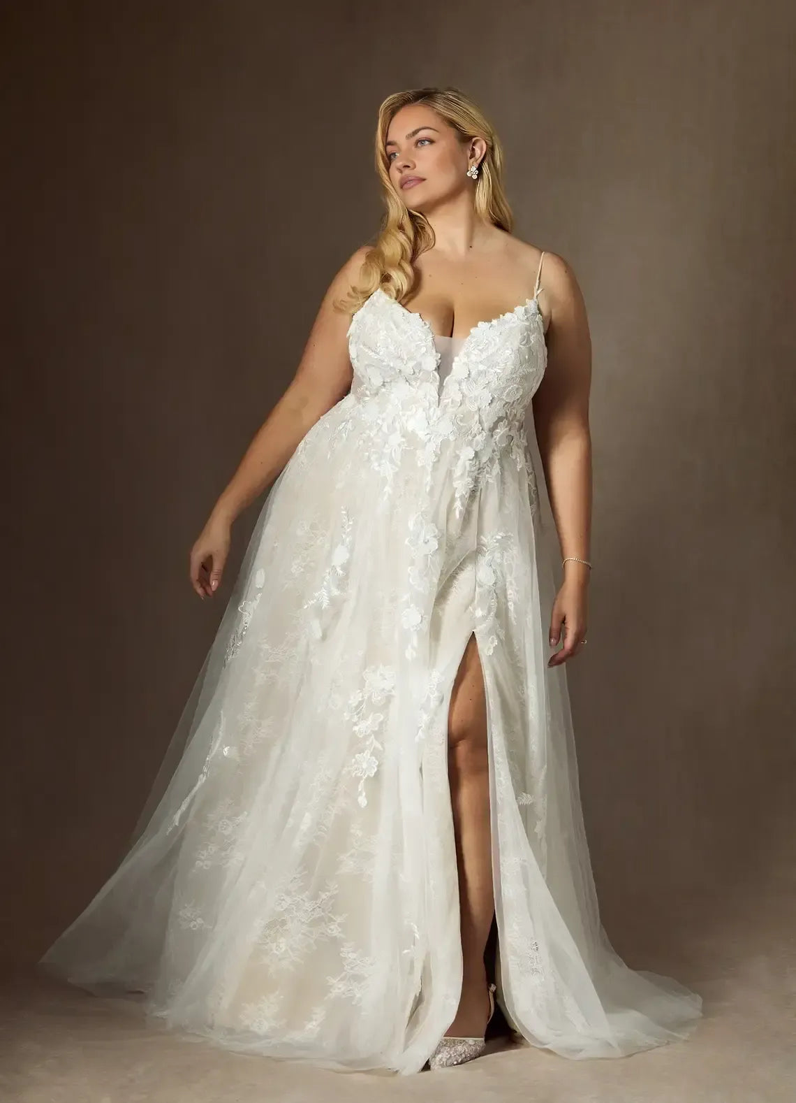Thin Spaghetti Strap Deep V Back 3D Floral Lace Split Front Plus Size Tulle A Line Wedding Dress