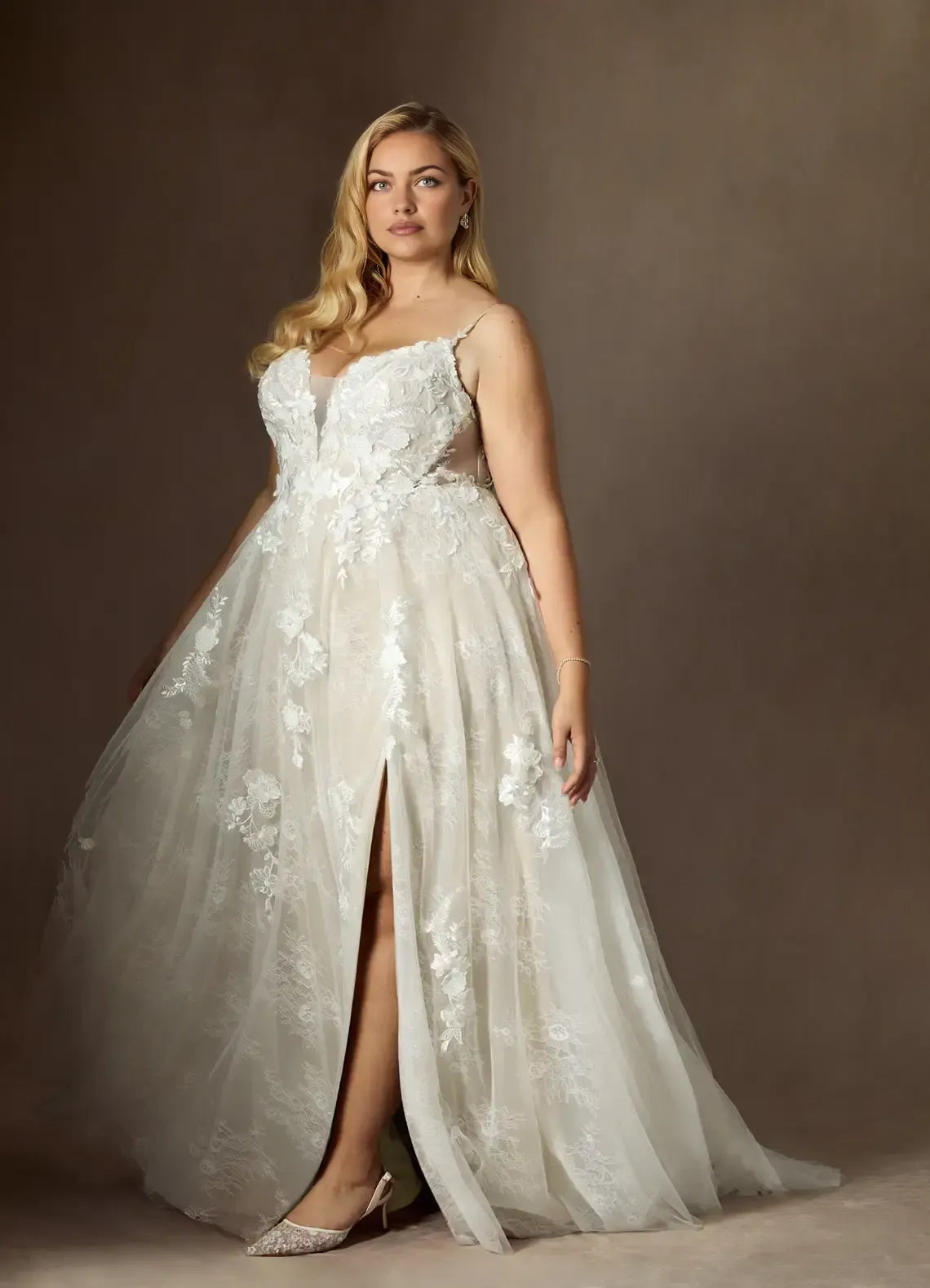 Thin Spaghetti Strap Deep V Back 3D Floral Lace Split Front Plus Size Tulle A Line Wedding Dress