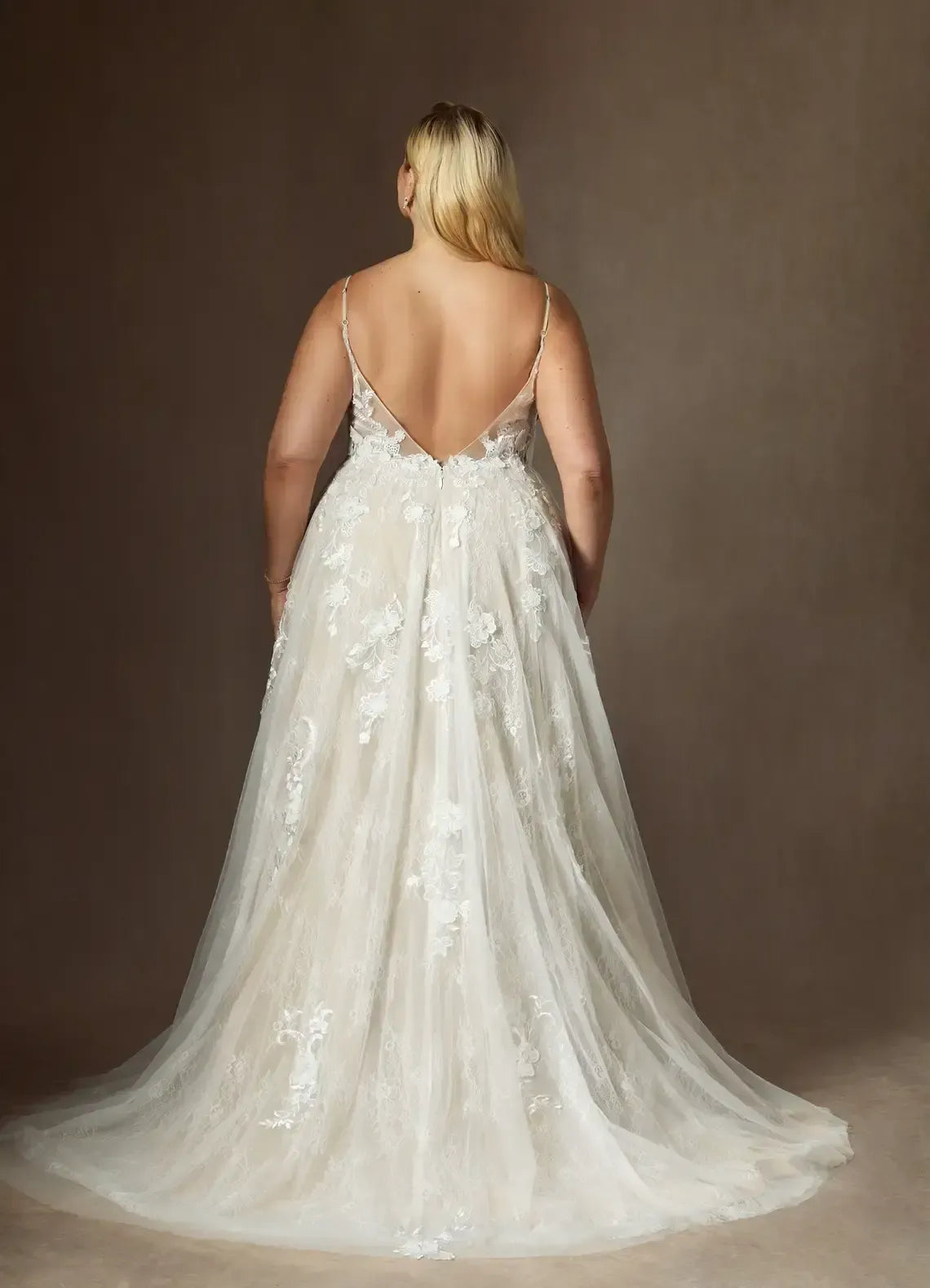Thin Spaghetti Strap Deep V Back 3D Floral Lace Split Front Plus Size Tulle A Line Wedding Dress