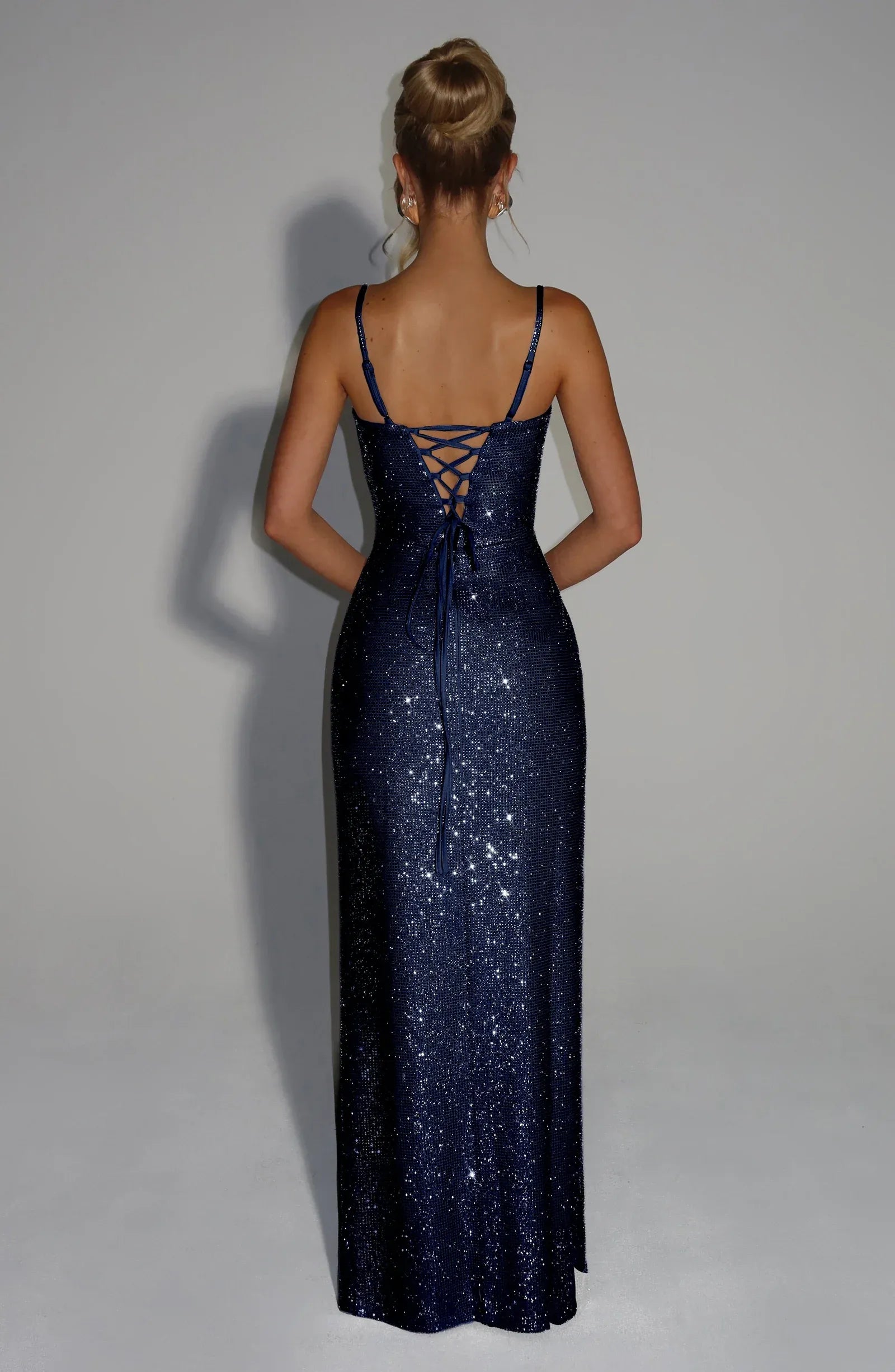 Thin Spaghetti Strap Deep V High Slit Sparkly Sequin Navy Mermaid Maxi Wedding Guest Dresses