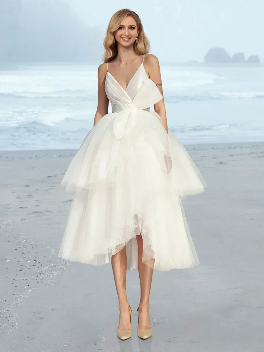 Thin Spaghetti Strap Deep V Wrap Big Bow High Low Tier Tulle Mini Beach Wedding Dress