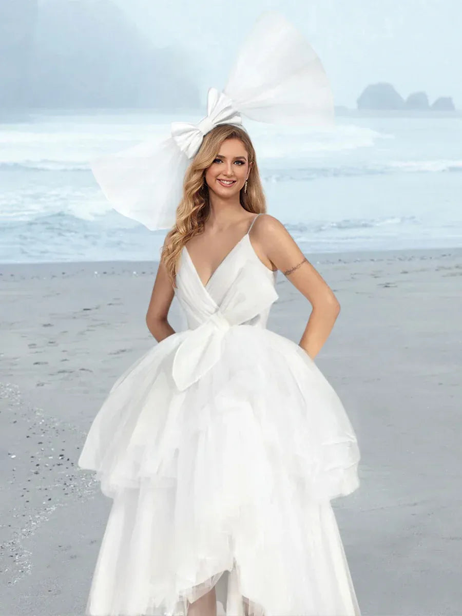 Thin Spaghetti Strap Deep V Wrap Big Bow High Low Tier Tulle Mini Beach Wedding Dress