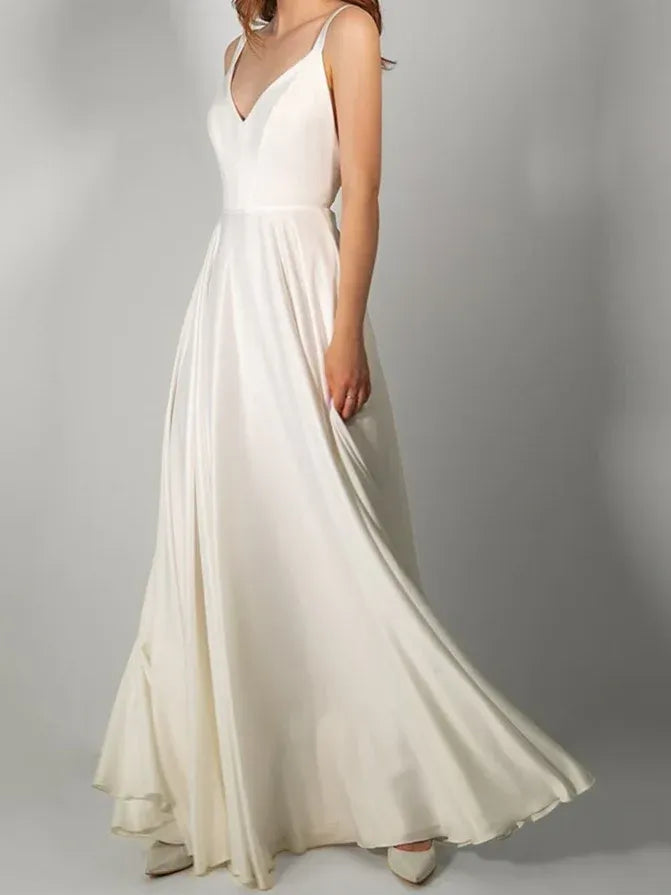 Thin Spaghetti Strap Plunge V Bow Tie Back High Slit Gloss Satin A-Line Wedding Dress