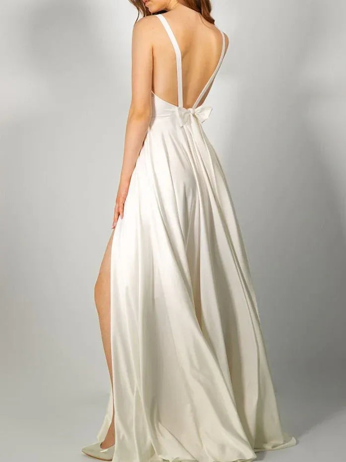 Thin Spaghetti Strap Plunge V Bow Tie Back High Slit Gloss Satin A-Line Wedding Dress