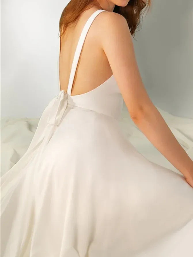 Thin Spaghetti Strap Plunge V Bow Tie Back High Slit Gloss Satin A-Line Wedding Dress