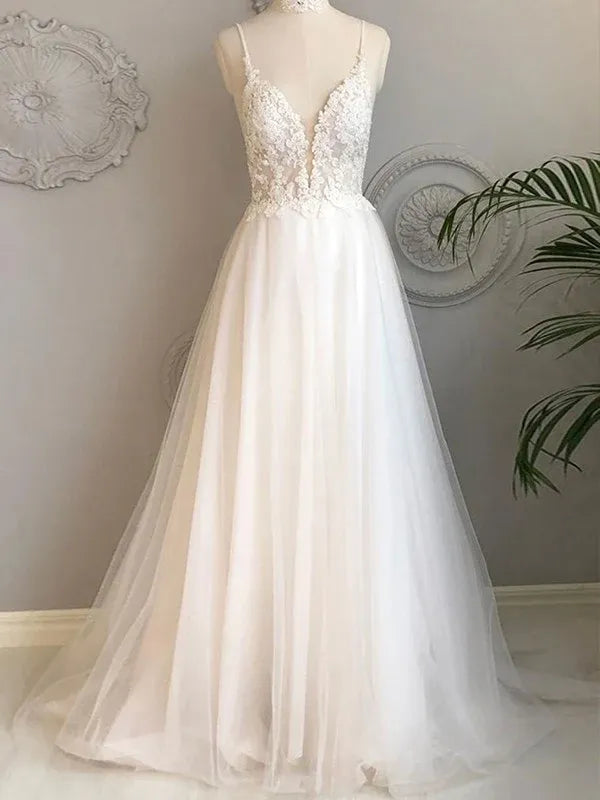 Thin Spaghetti Strap Plunge V Floral Lace Airy Tulle A-Line Wedding Dress