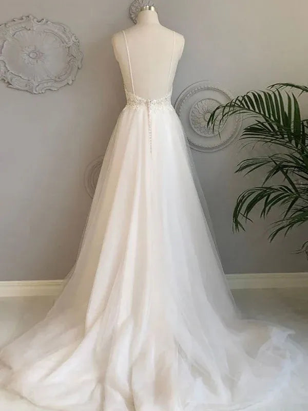 Thin Spaghetti Strap Plunge V Floral Lace Airy Tulle A-Line Wedding Dress
