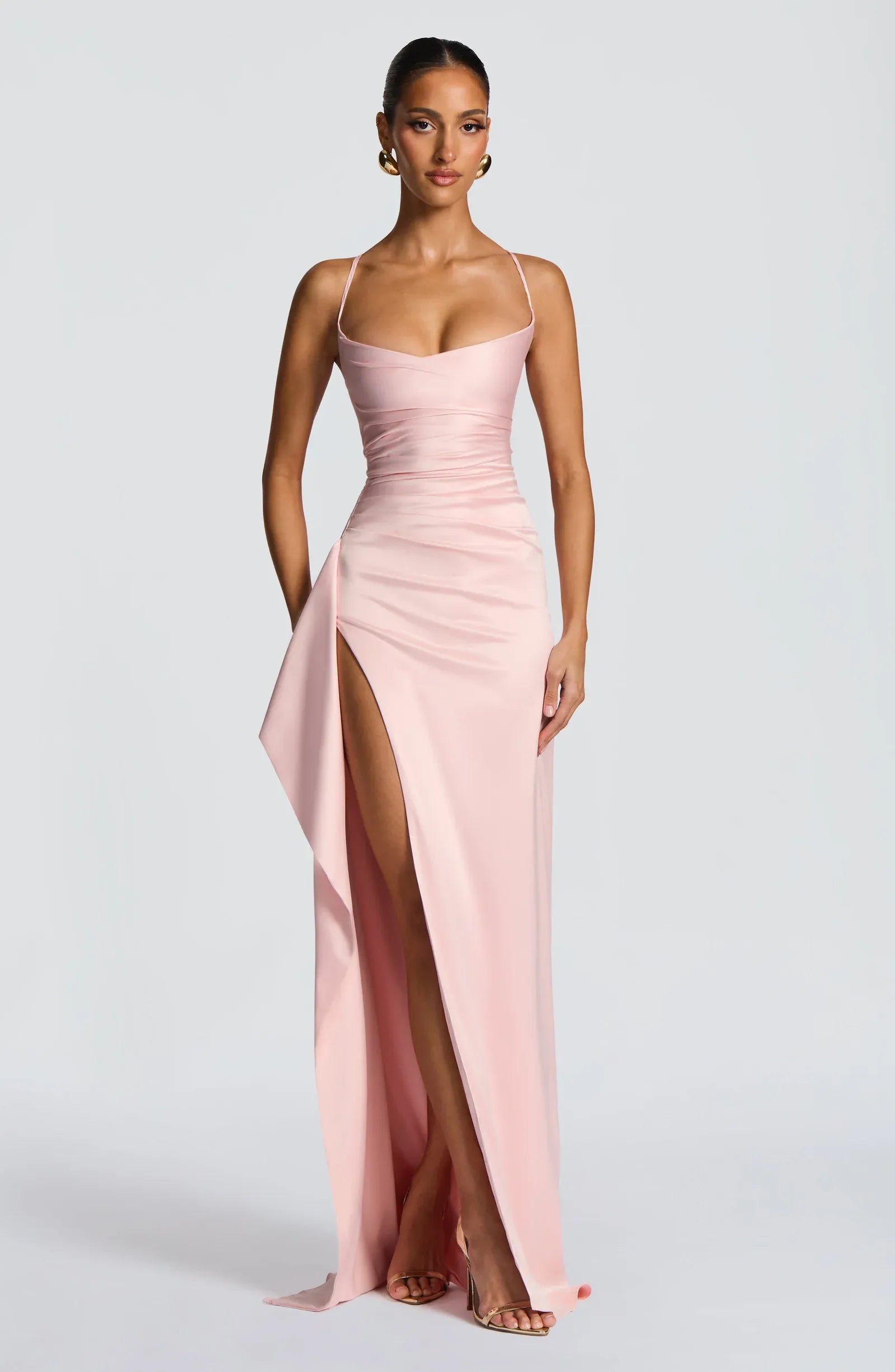 Thin Spaghetti Strap Ruched Waist Ruffle High Slit Blush Pink Satin Mermaid Maxi Wedding Guest Dresses