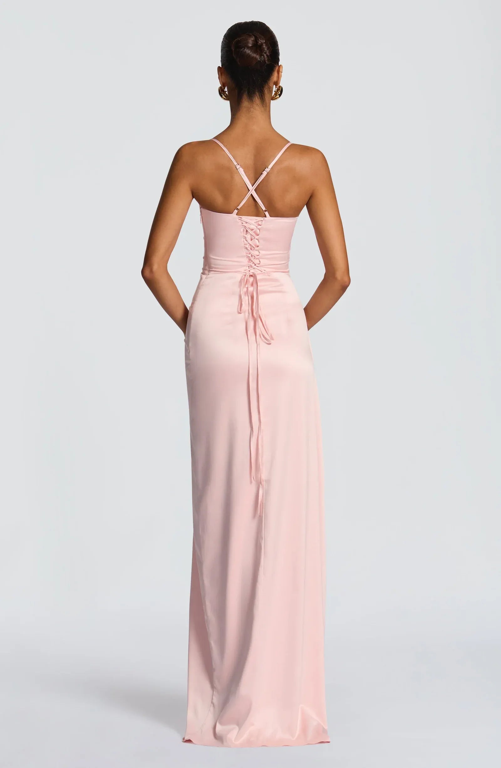 Thin Spaghetti Strap Ruched Waist Ruffle High Slit Blush Pink Satin Mermaid Maxi Wedding Guest Dresses