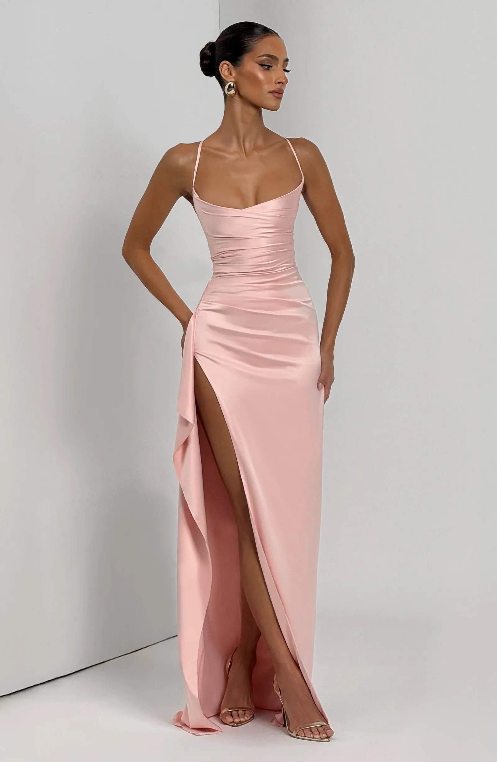 Thin Spaghetti Strap Ruched Waist Ruffle High Slit Blush Pink Satin Mermaid Maxi Wedding Guest Dresses