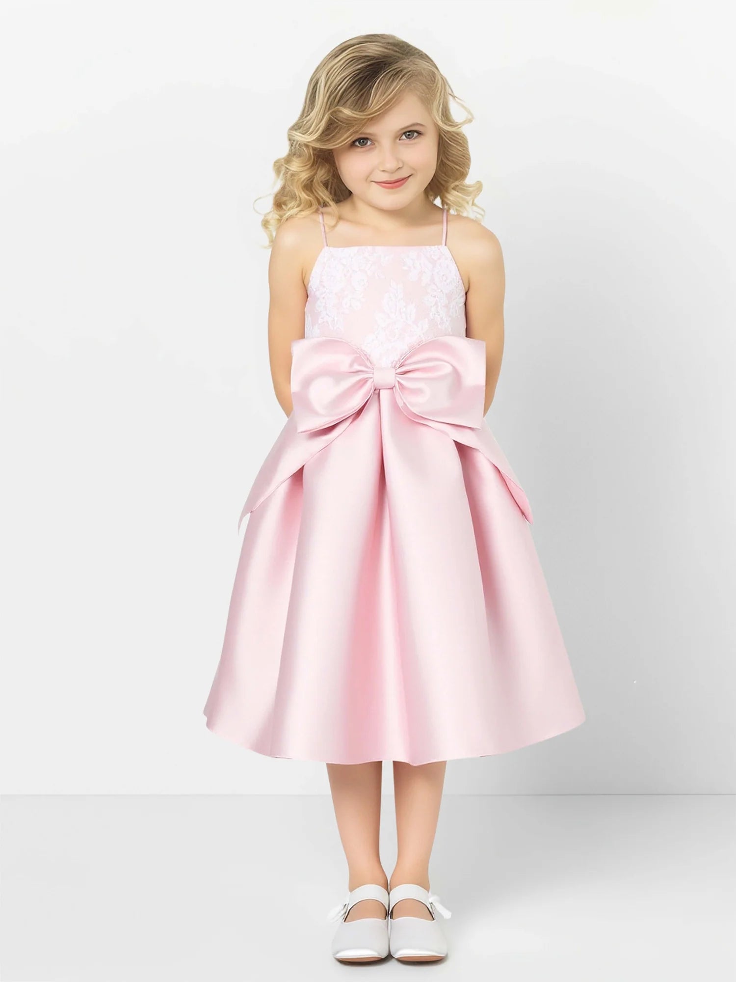 Thin Spaghetti Strap Square Crisscross Back Lace Bodice Big Bow Pink Satin Midi Flower Girl Dresses