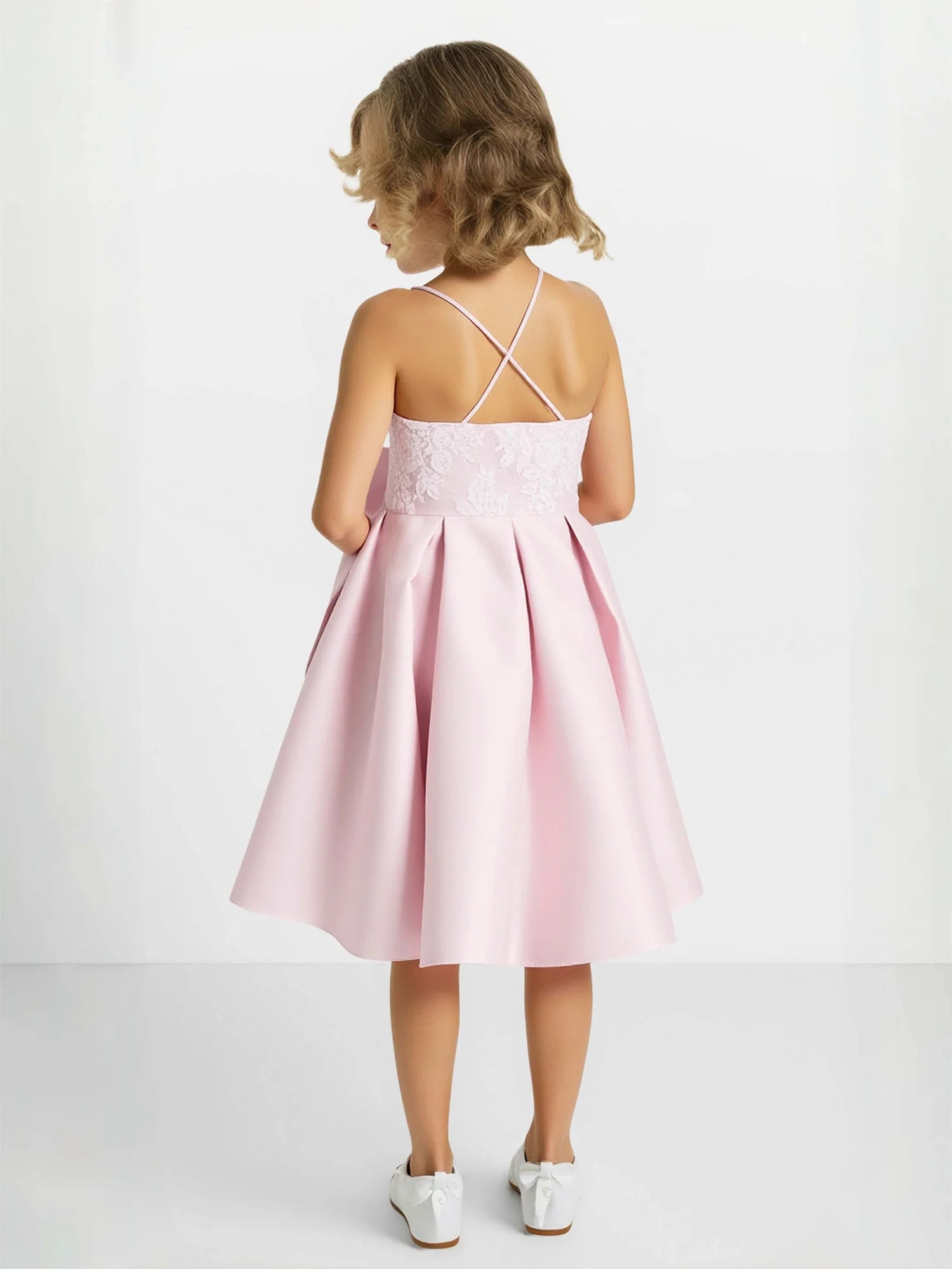 Thin Spaghetti Strap Square Crisscross Back Lace Bodice Big Bow Pink Satin Midi Flower Girl Dresses