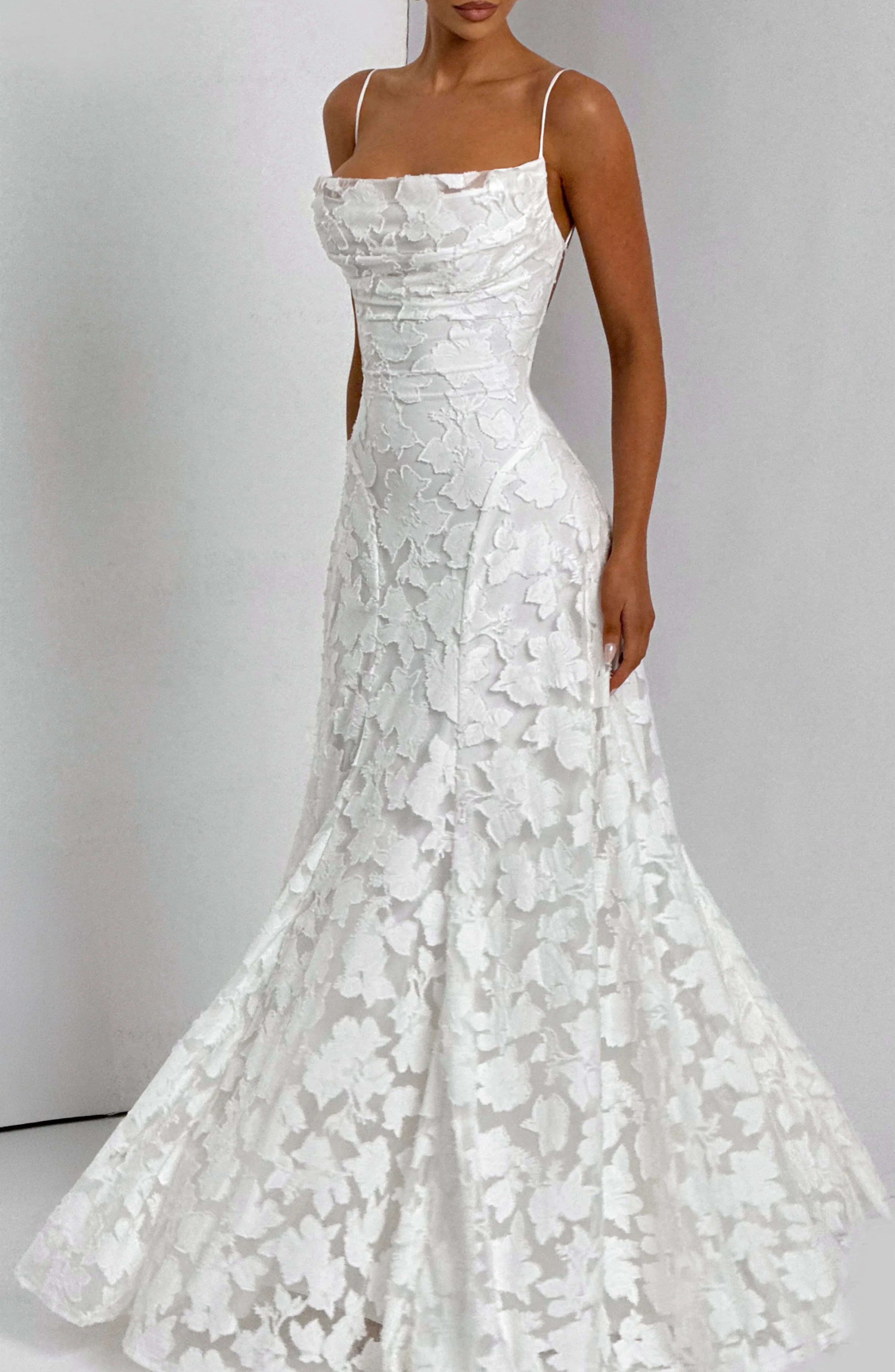 Thin Spaghetti Strap Square Neck Cross Lace Up Back 3D Floral Lace Mermaid White Maxi Wedding Guest Dresses