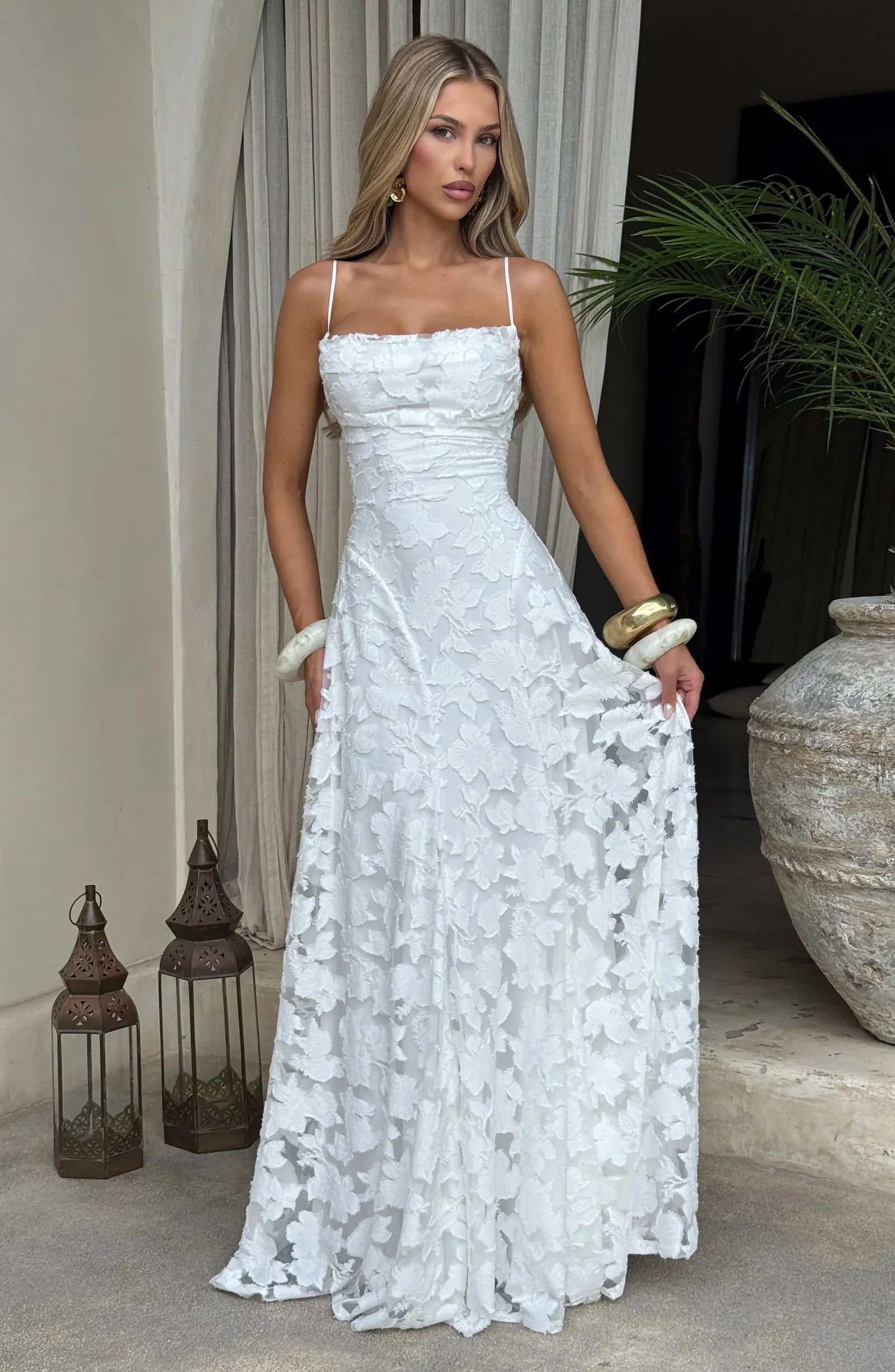 Thin Spaghetti Strap Square Neck Cross Lace Up Back 3D Floral Lace Mermaid White Maxi Wedding Guest Dresses