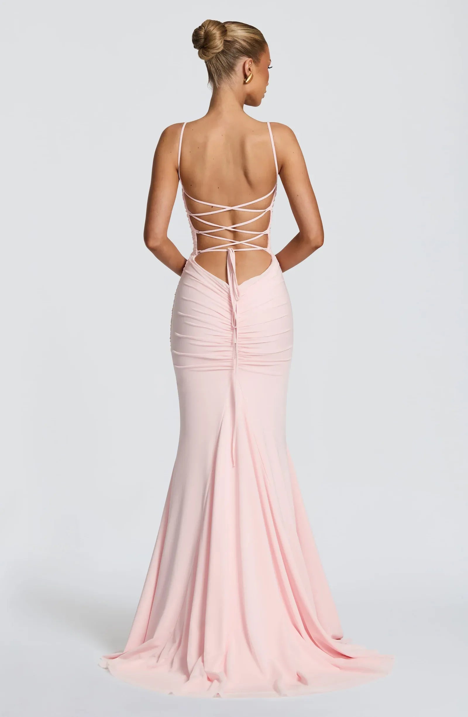Thin Spaghetti Strap Square Neck Ruched Bodice Cross Lace Up Back Train Blush Crepe Mermaid Maxi Wedding Guest Dresses