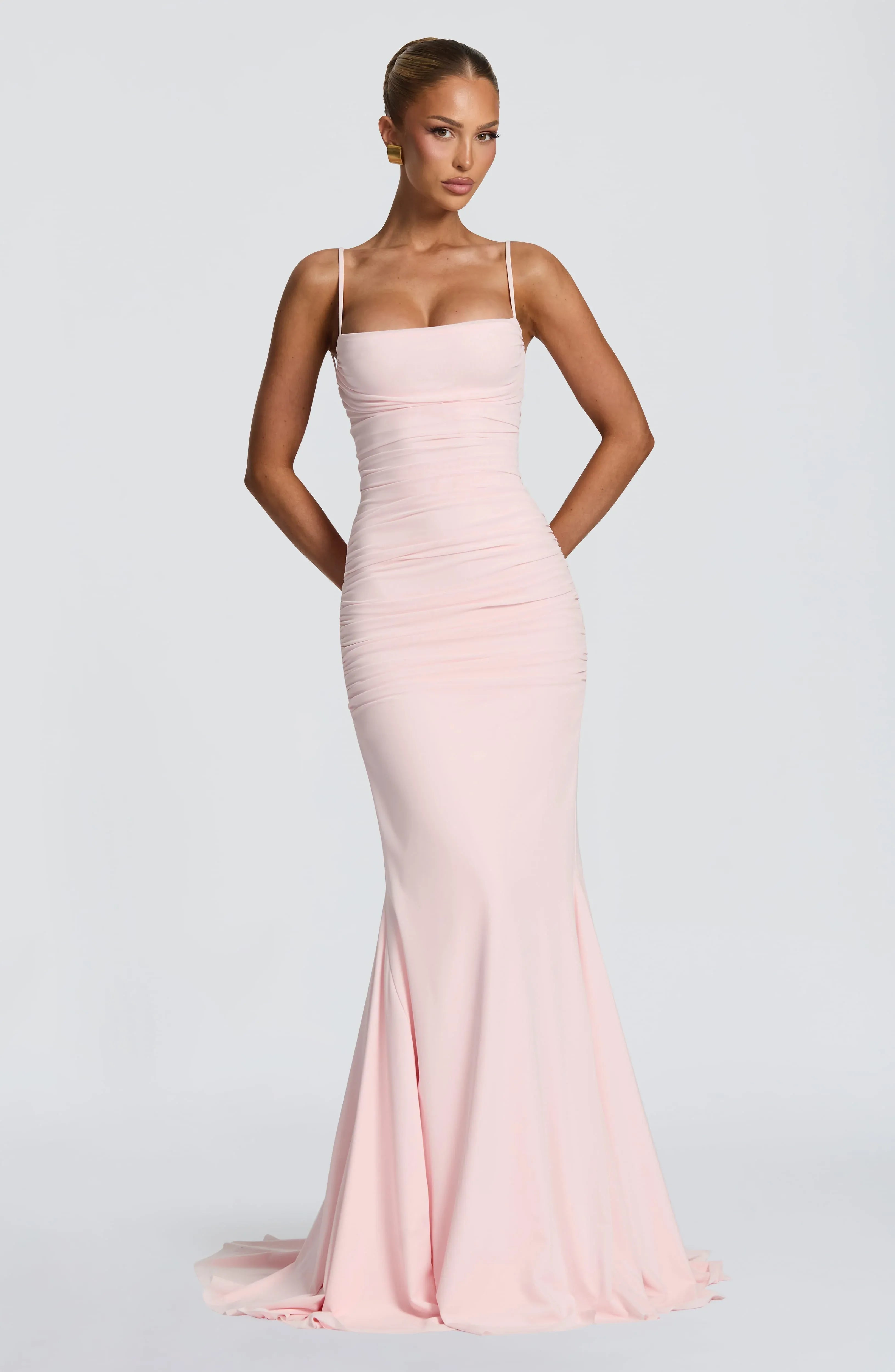 Thin Spaghetti Strap Square Neck Ruched Bodice Cross Lace Up Back Train Blush Crepe Mermaid Maxi Wedding Guest Dresses