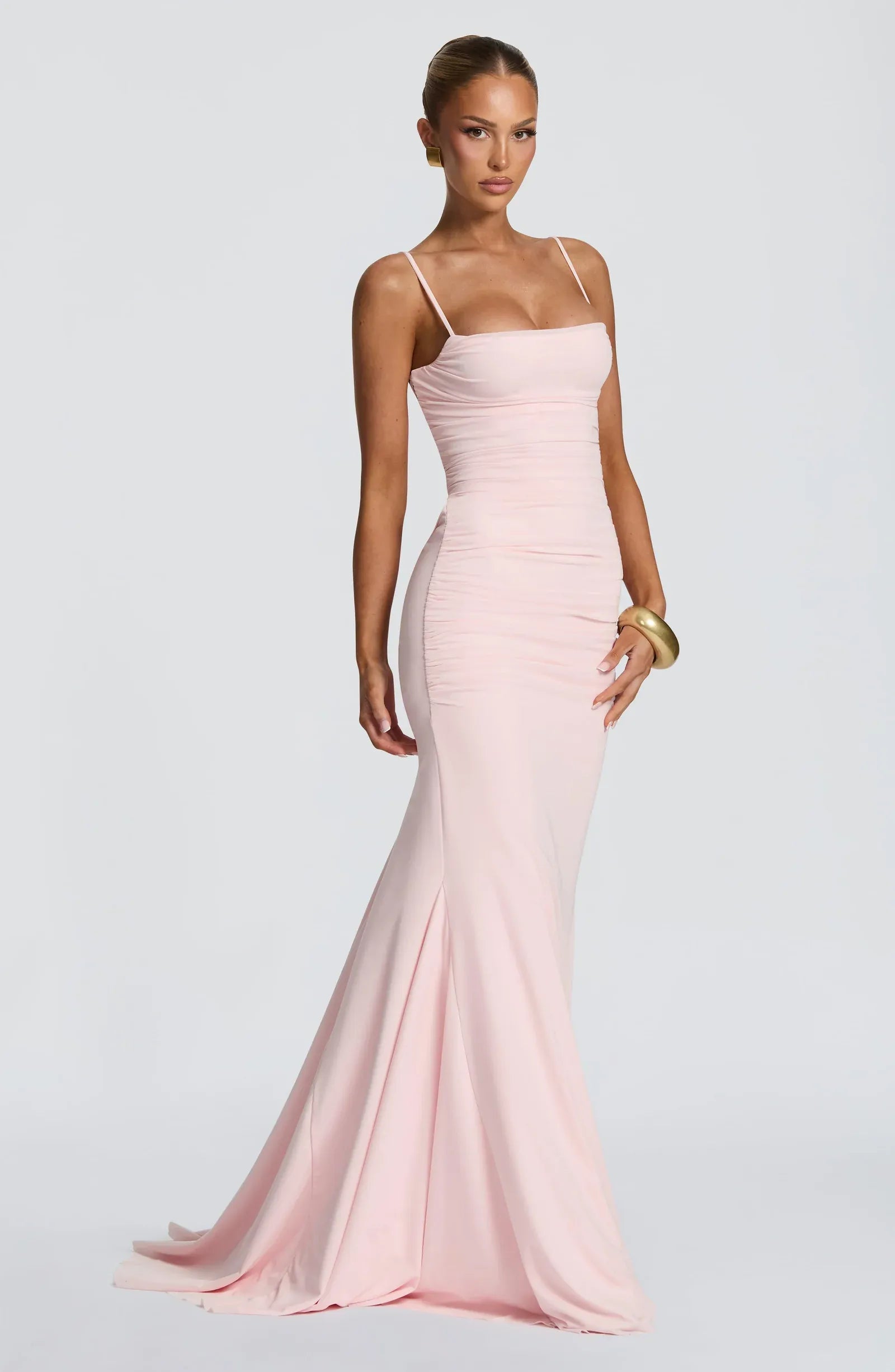 Thin Spaghetti Strap Square Neck Ruched Bodice Cross Lace Up Back Train Blush Crepe Mermaid Maxi Wedding Guest Dresses