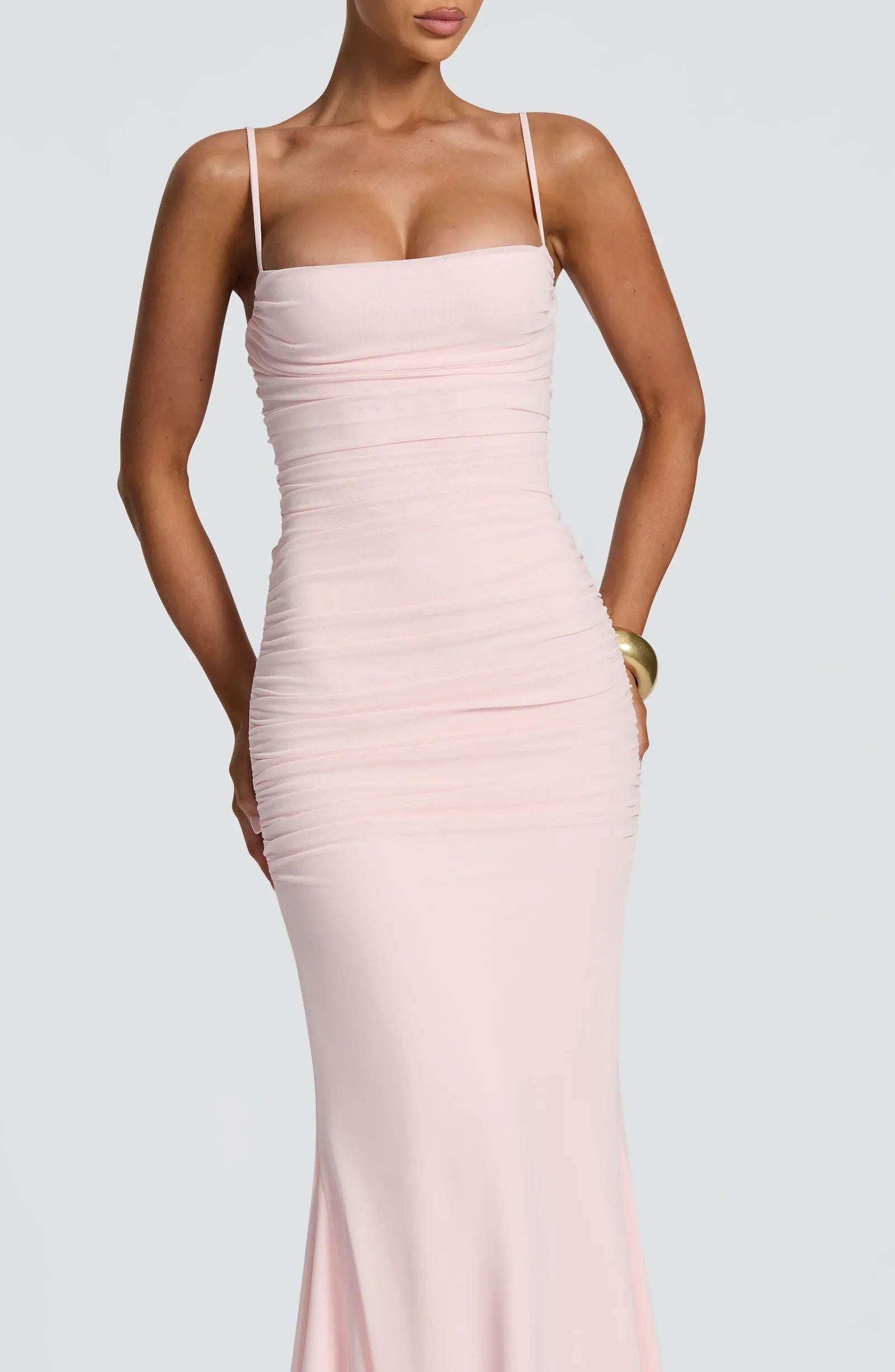 Thin Spaghetti Strap Square Neck Ruched Bodice Cross Lace Up Back Train Blush Crepe Mermaid Maxi Wedding Guest Dresses