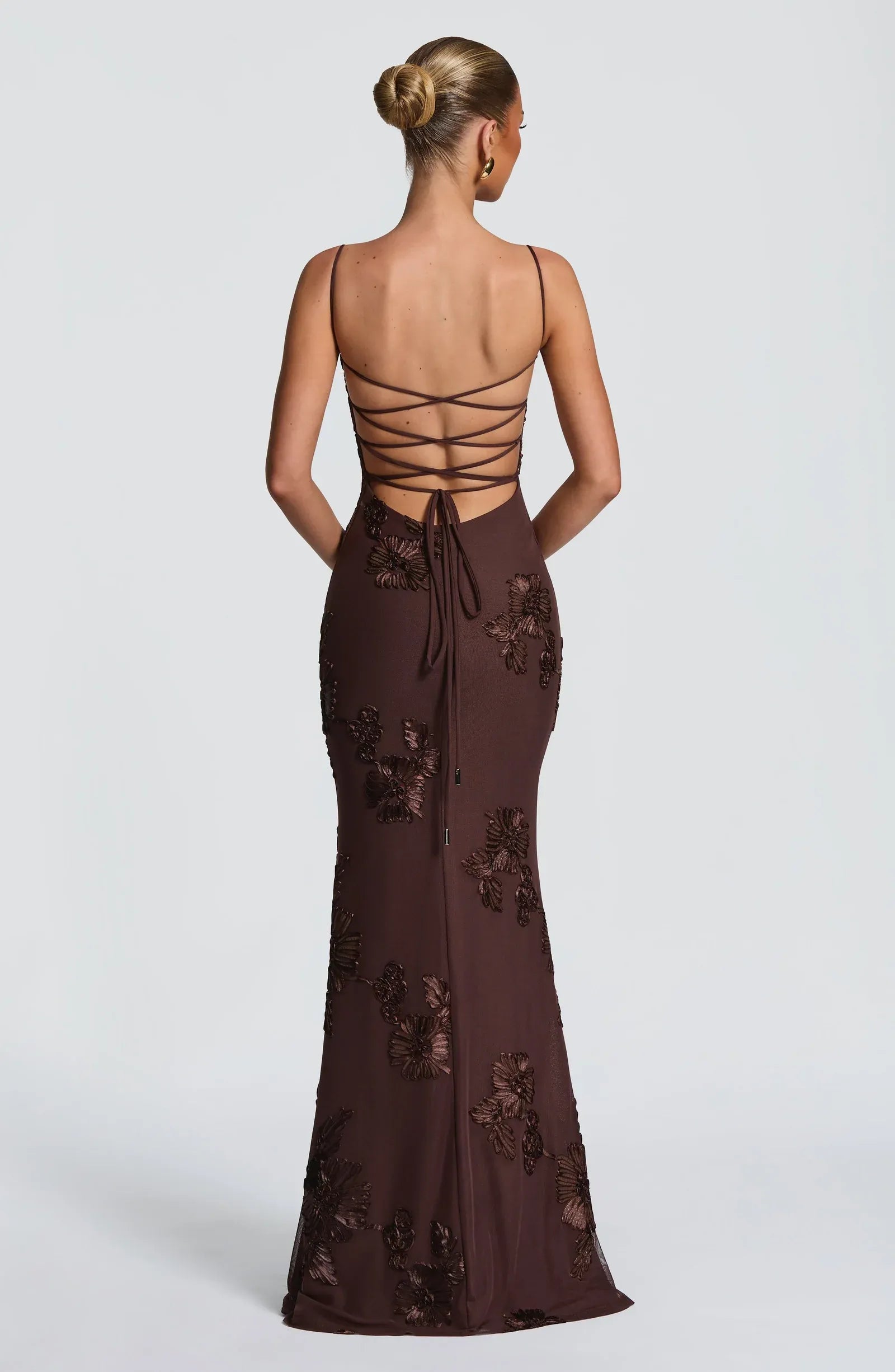 Thin Spaghetti Strap Sweetheart Bust 3D Floral Applique Cross Lace Up Back Plain Slit Dark Brown Mesh Mermaid Maxi Wedding Guest Dresses