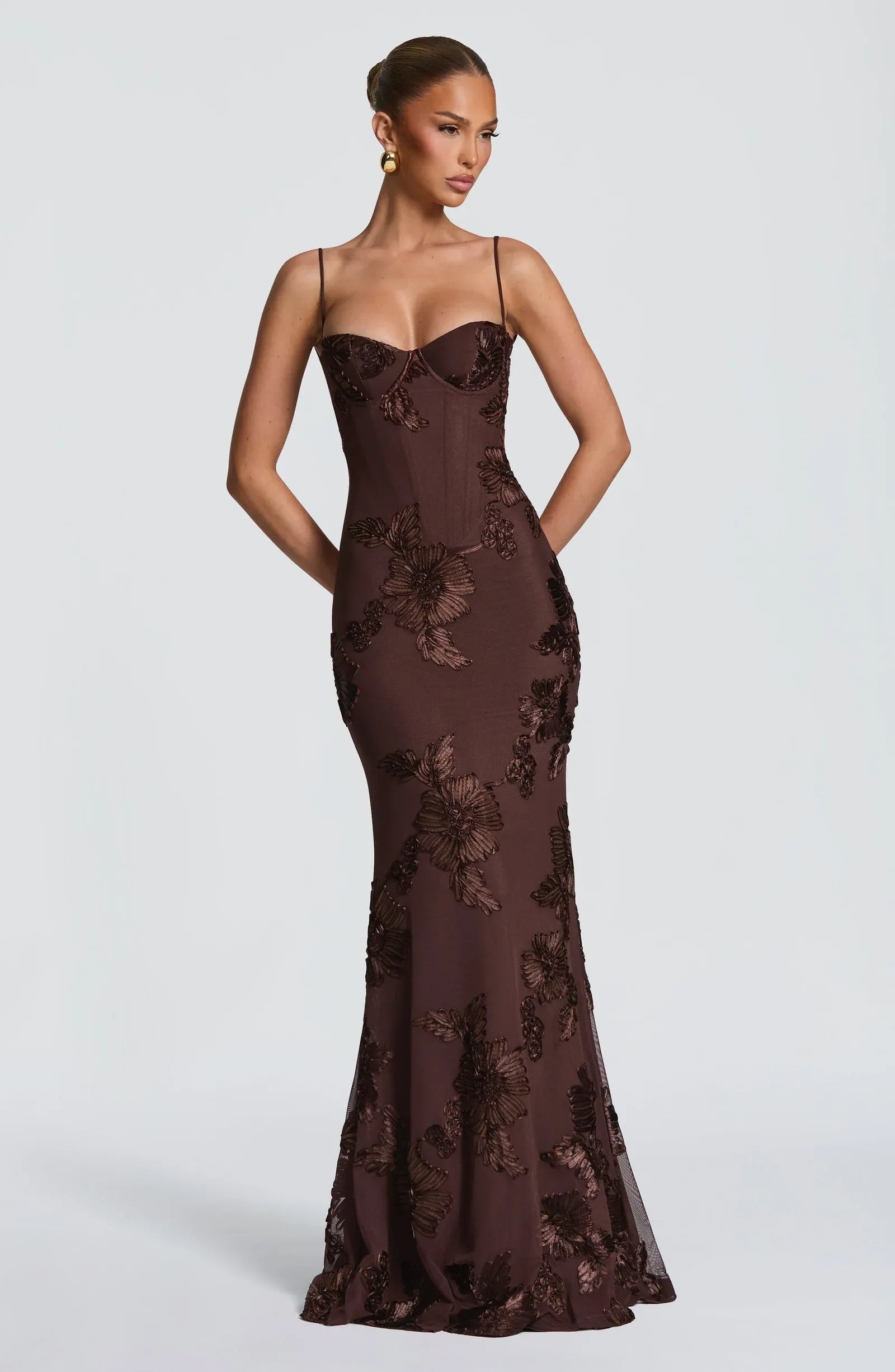 Thin Spaghetti Strap Sweetheart Bust 3D Floral Applique Cross Lace Up Back Plain Slit Dark Brown Mesh Mermaid Maxi Wedding Guest Dresses