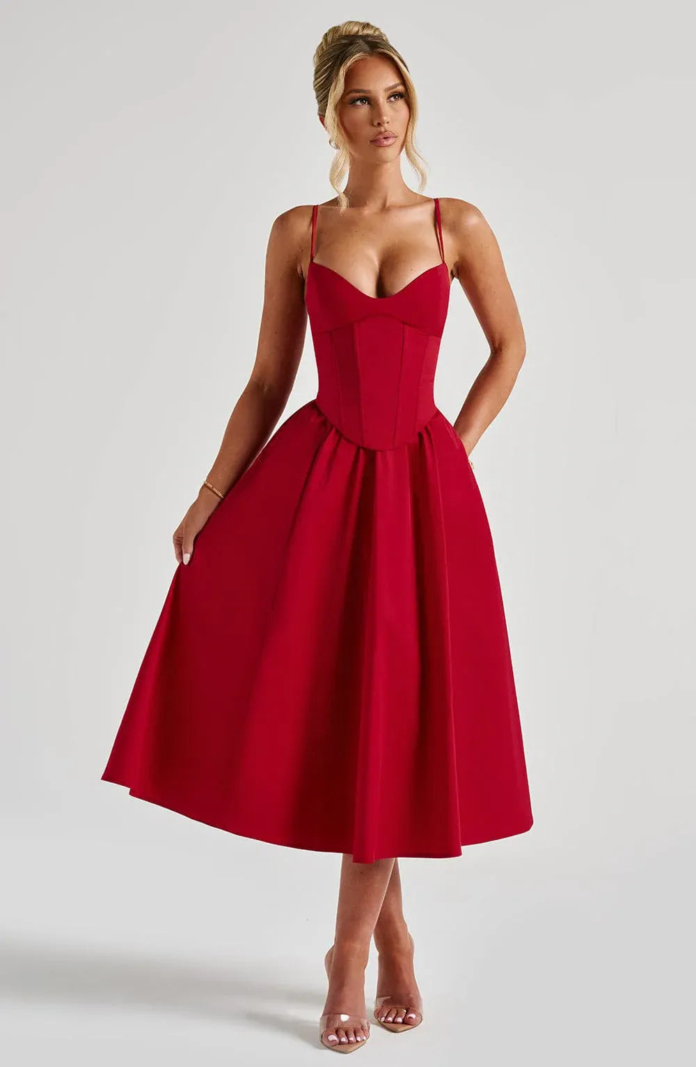Thin Spaghetti Strap Sweetheart Corset Midi Red Wedding Guest Dresses