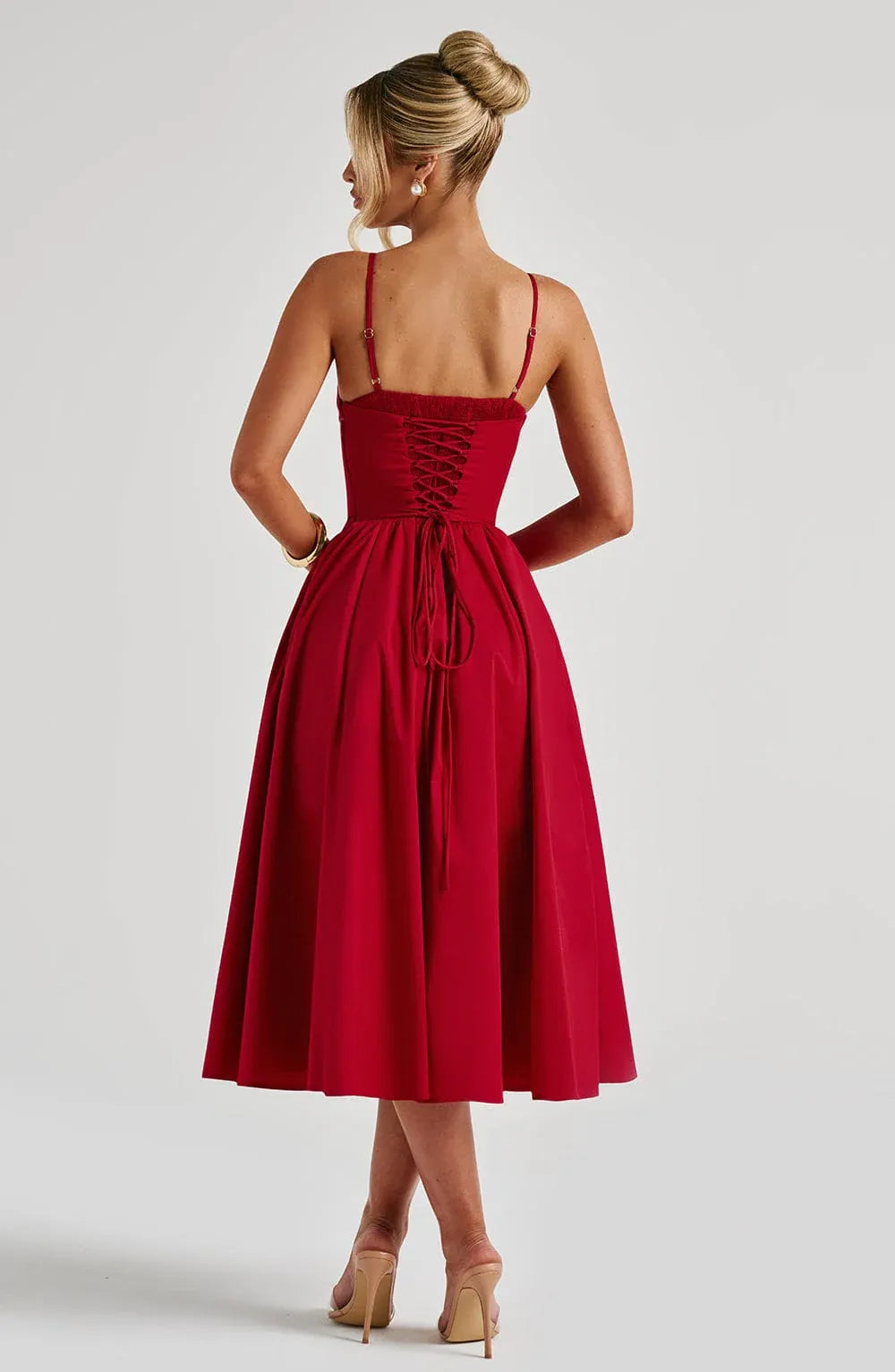 Thin Spaghetti Strap Sweetheart Corset Midi Red Wedding Guest Dresses