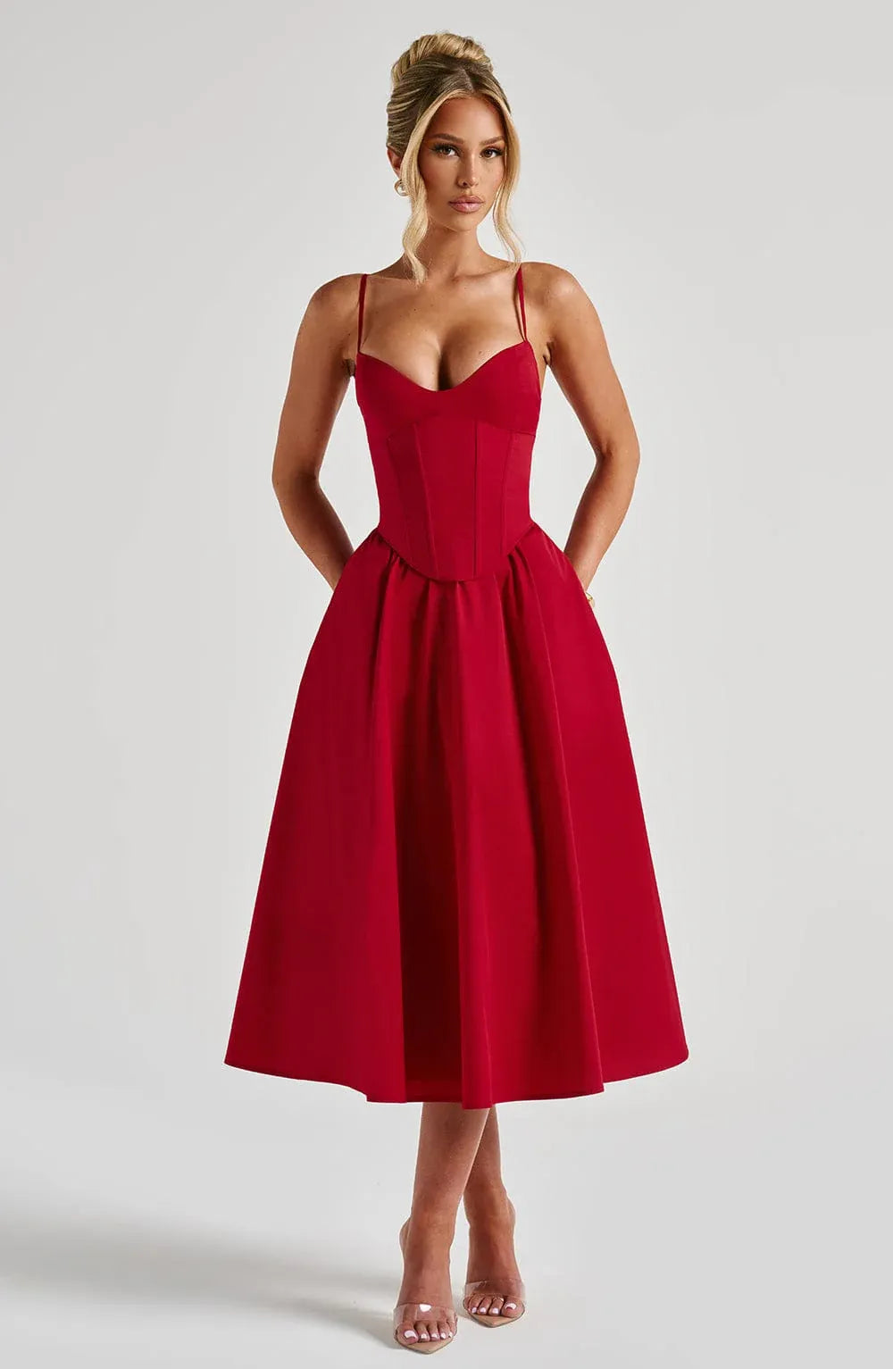 Thin Spaghetti Strap Sweetheart Corset Midi Red Wedding Guest Dresses