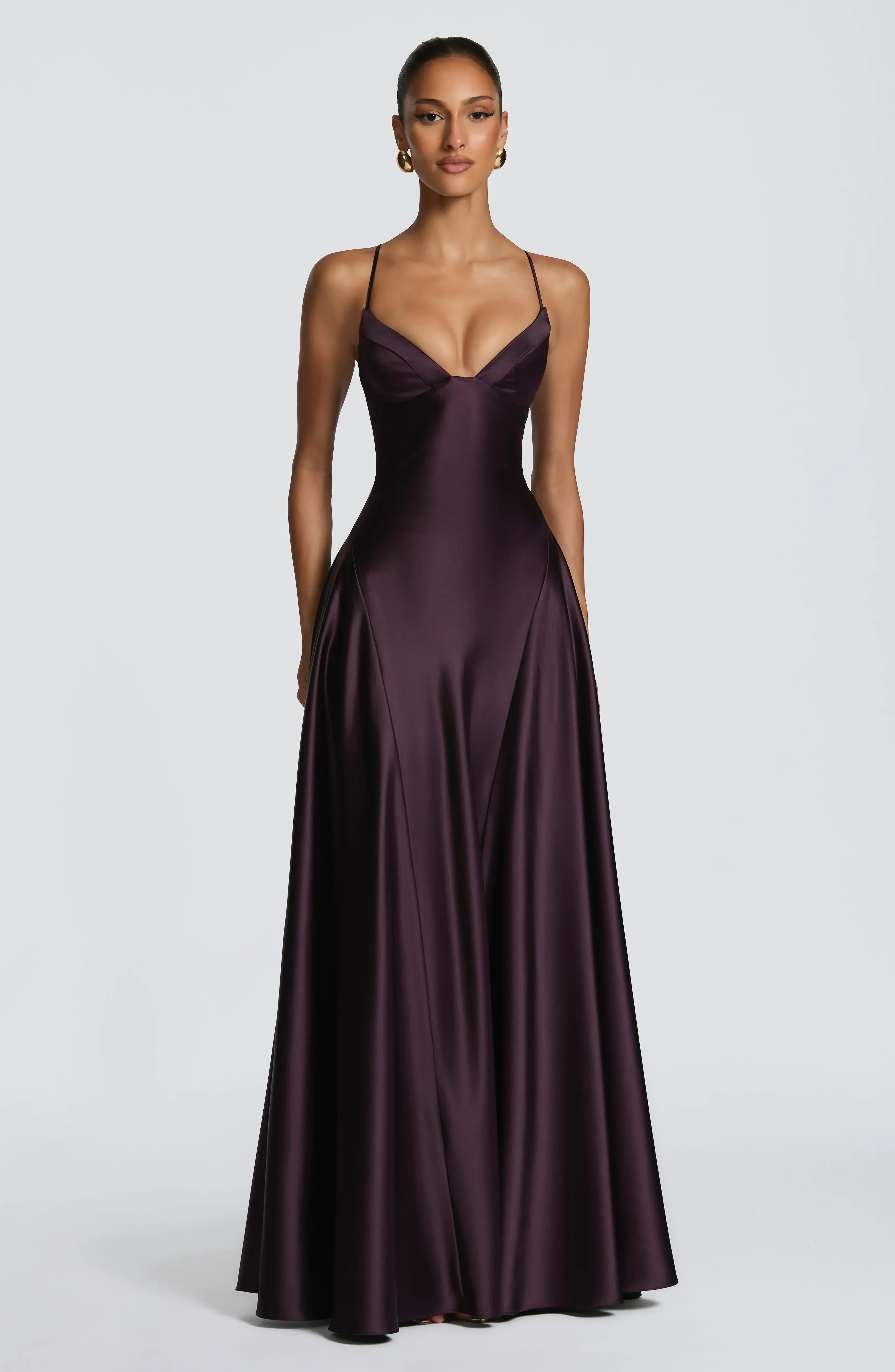 Thin Spaghetti Strap Sweetheart Flowy A Line Plum Satin Maxi Wedding Guest Dresses