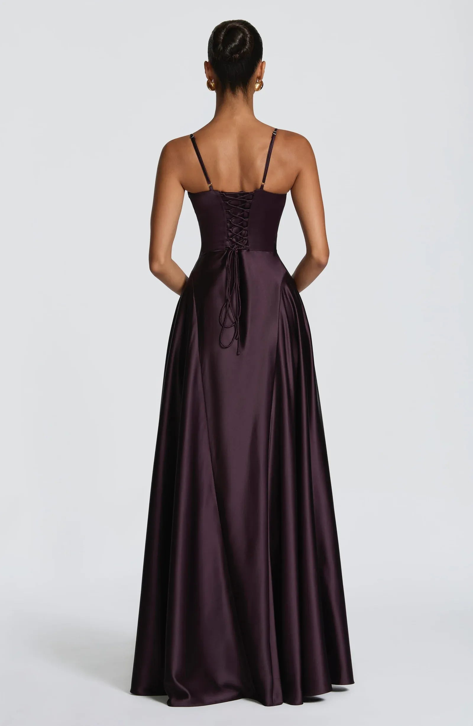 Thin Spaghetti Strap Sweetheart Flowy A Line Plum Satin Maxi Wedding Guest Dresses