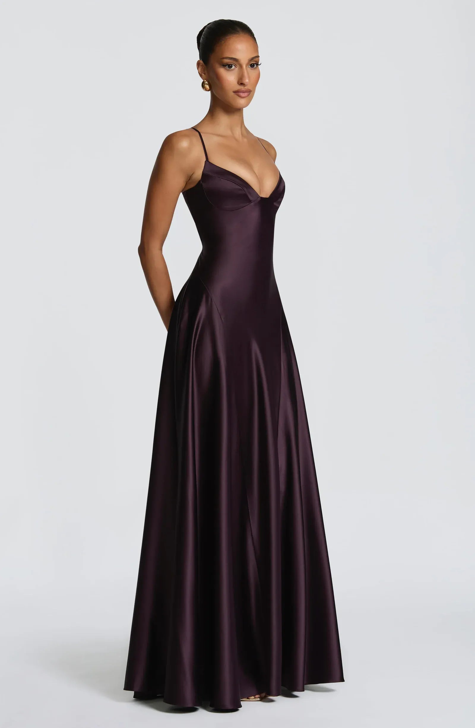 Thin Spaghetti Strap Sweetheart Flowy A Line Plum Satin Maxi Wedding Guest Dresses
