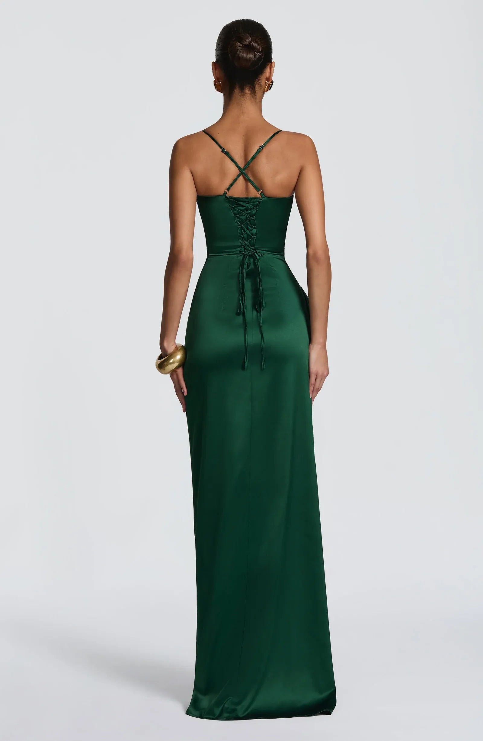 Thin Spaghetti Strap Sweetheart Waist Ruched Side Ruffle High Slit Emerald Satin Mermaid Maxi Wedding Guest Dresses