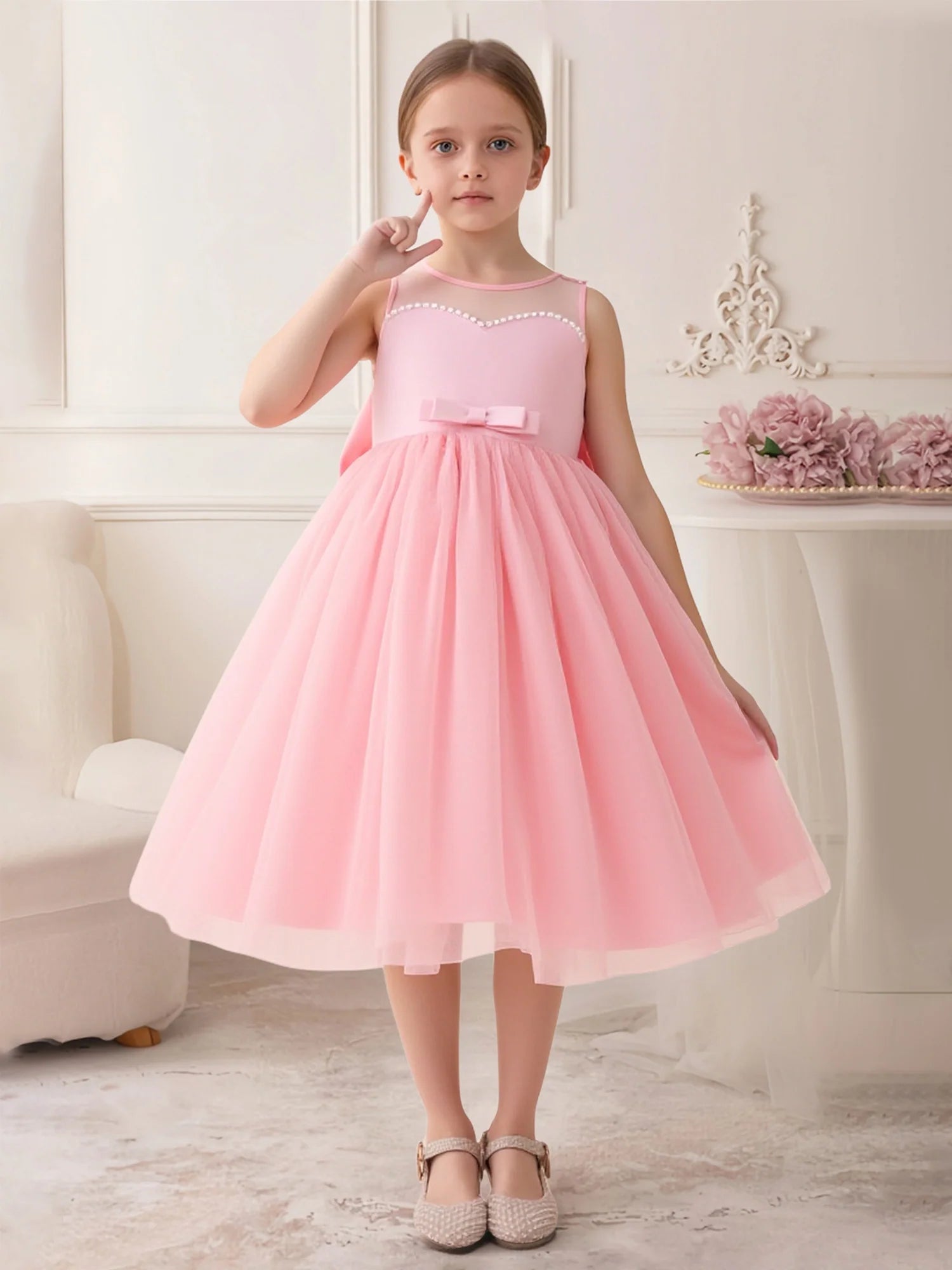 Thin Spaghetti Strap V Back Giant Satin Bow Pearl Trim Pink Tulle Midi Flower Girl Dresses