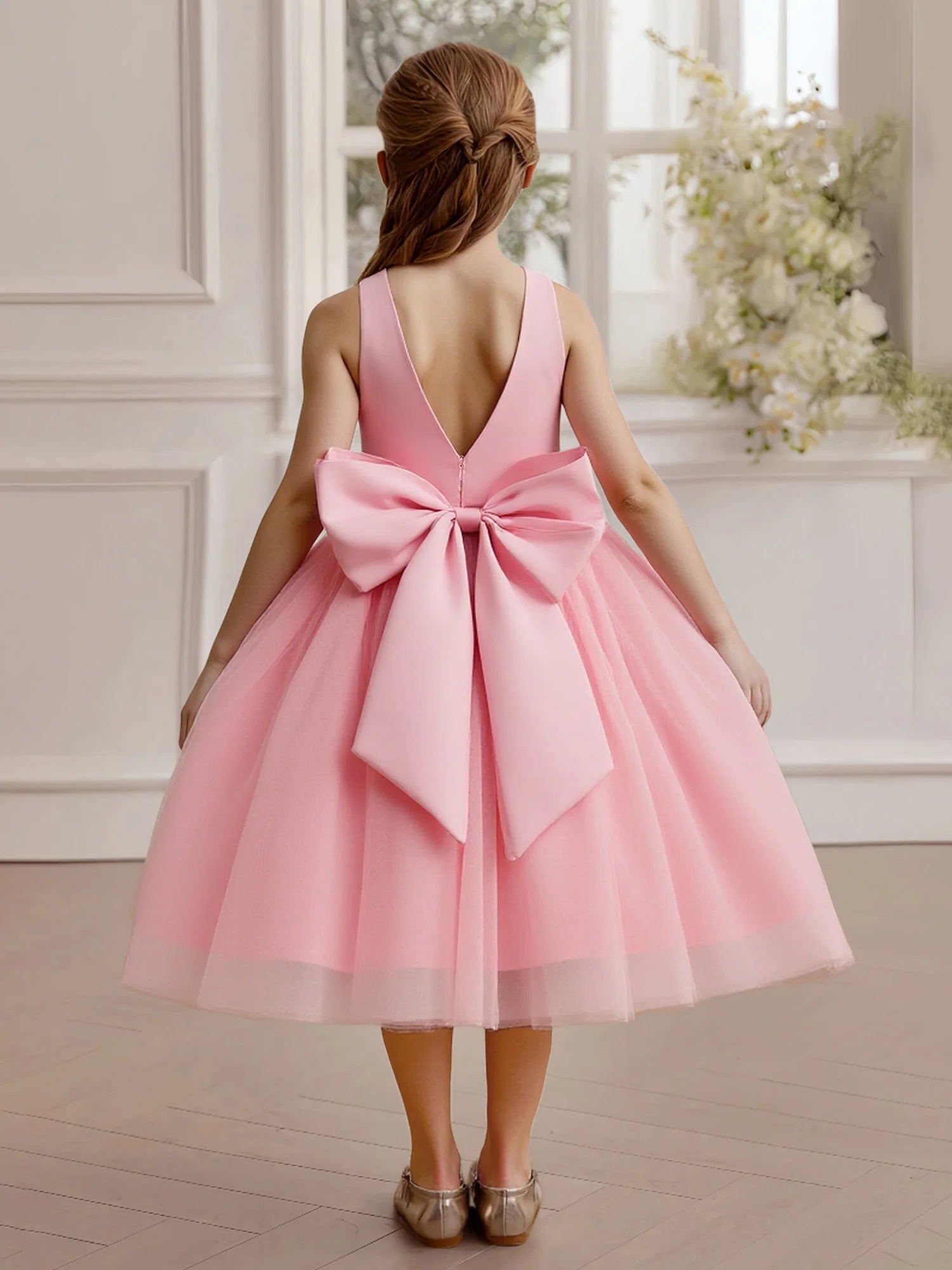 Thin Spaghetti Strap V Back Giant Satin Bow Pearl Trim Pink Tulle Midi Flower Girl Dresses