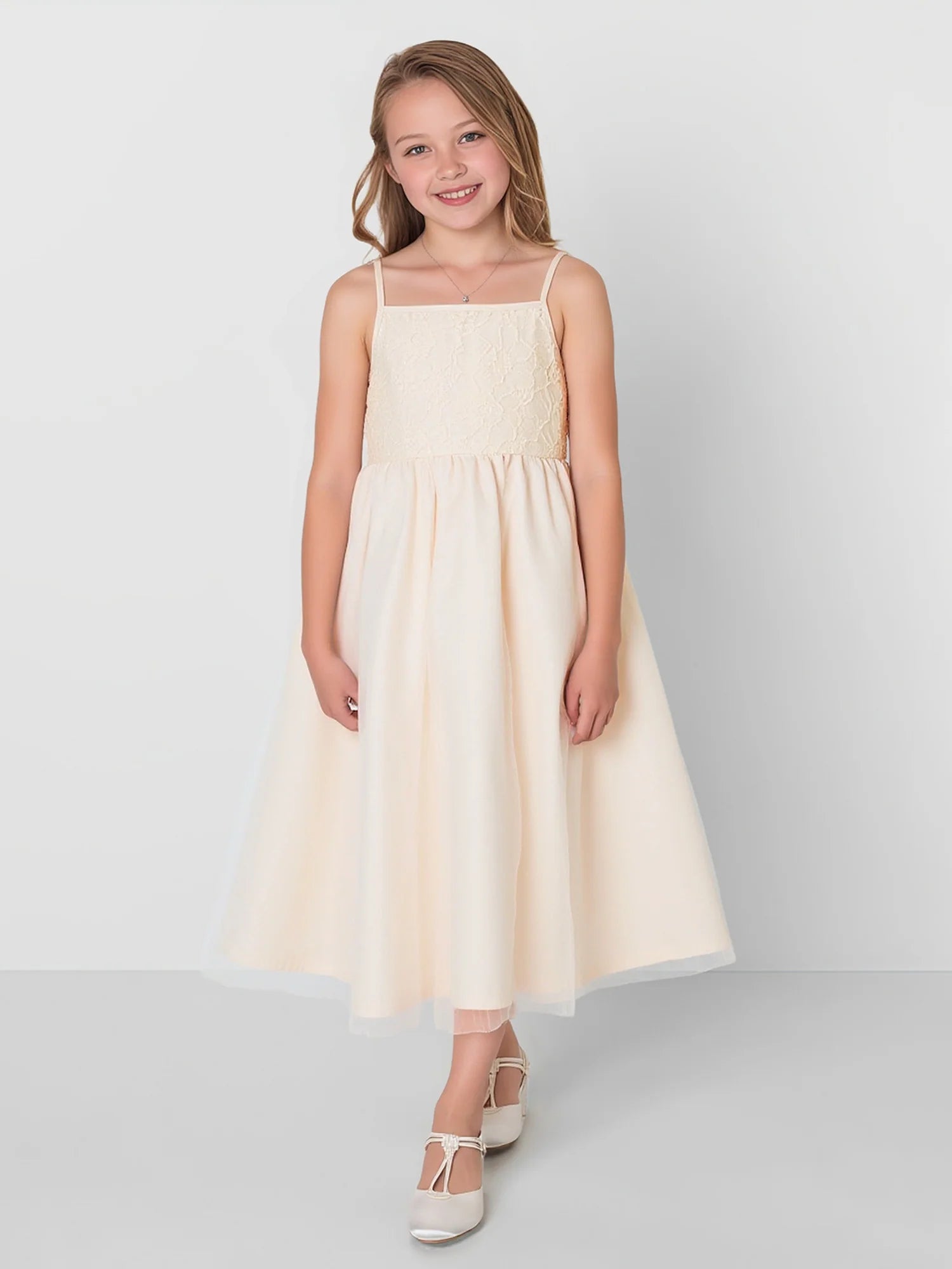 Thin Spaghetti Strap V Back Large Lace Bow Champagne Lace Tulle Midi Flower Girl Dresses
