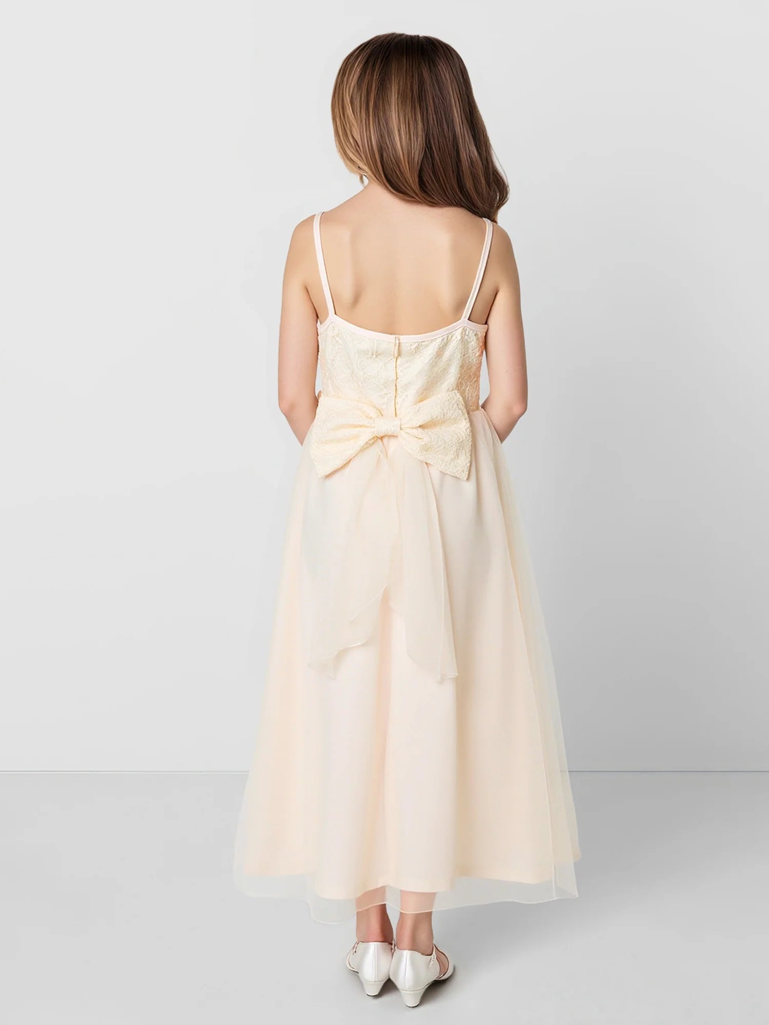 Thin Spaghetti Strap V Back Large Lace Bow Champagne Lace Tulle Midi Flower Girl Dresses