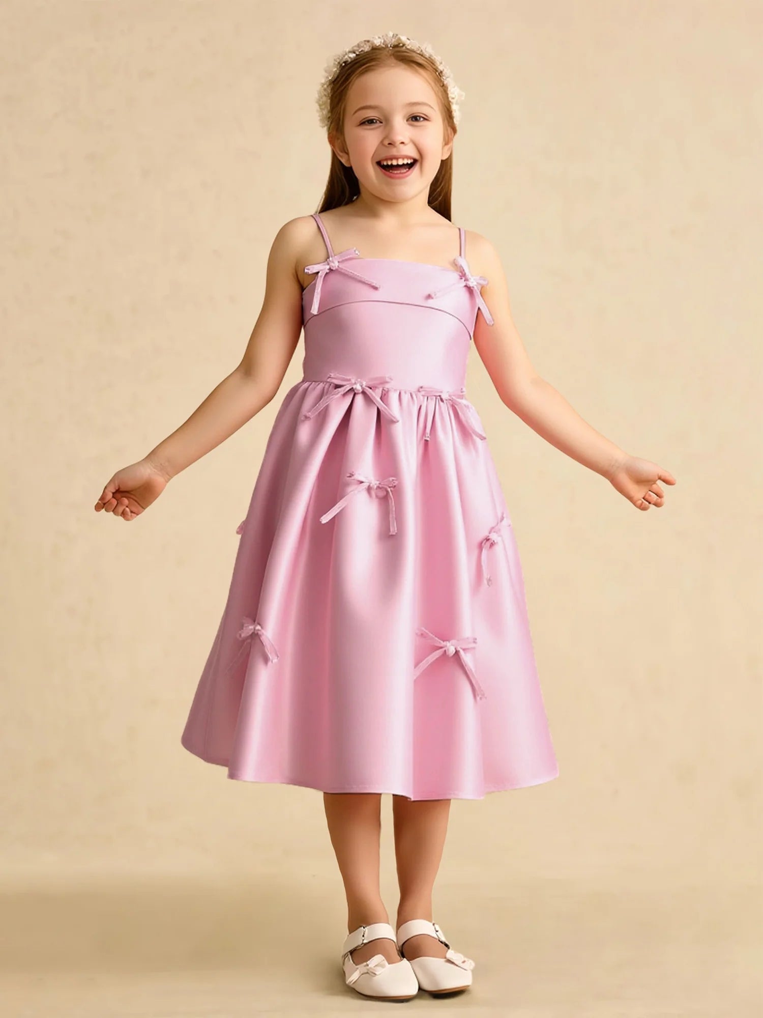 Thin Spaghetti Strap V Back Mini Bow Decor Pink Satin Midi Flower Girl Dresses