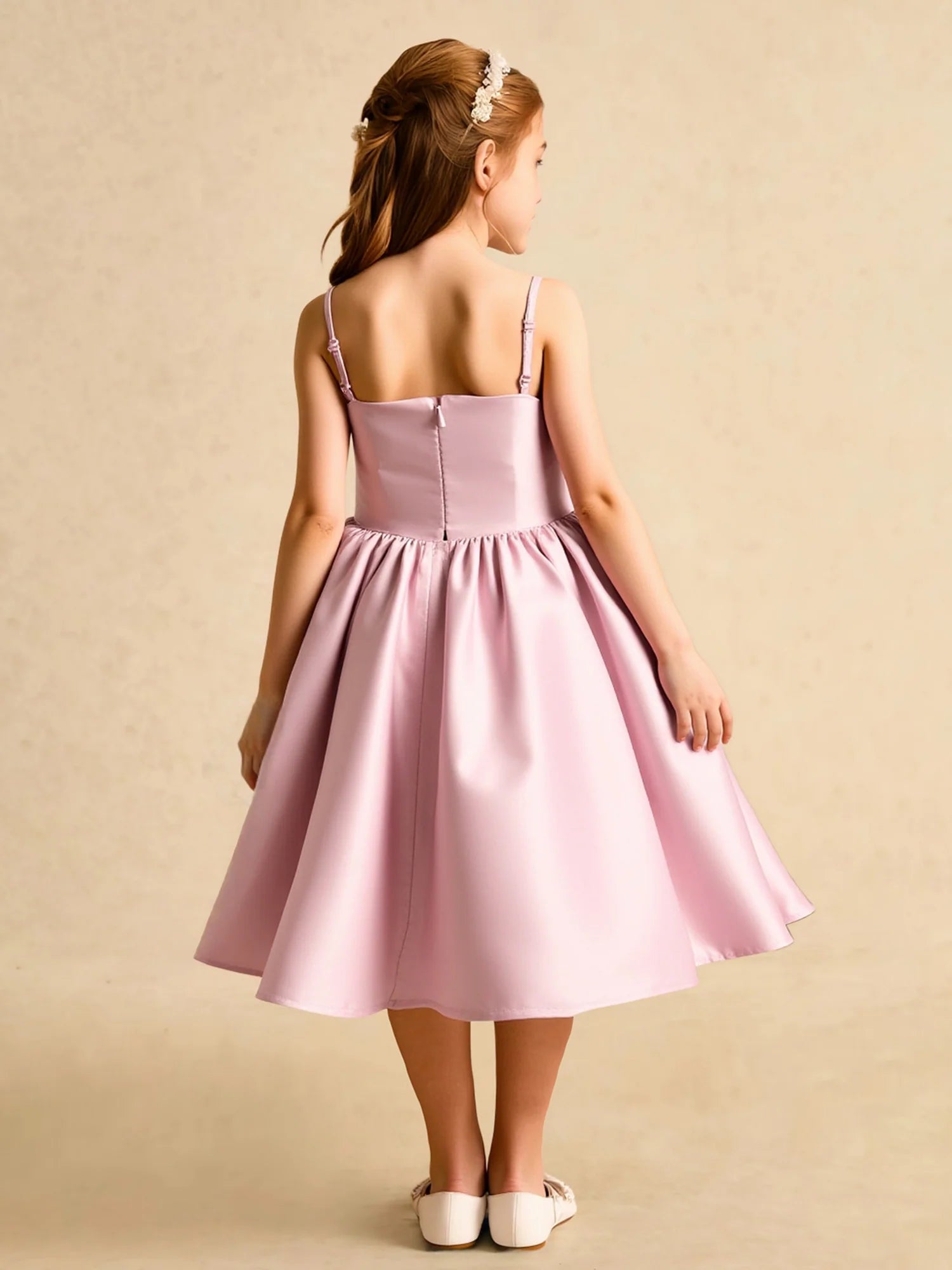 Thin Spaghetti Strap V Back Mini Bow Decor Pink Satin Midi Flower Girl Dresses