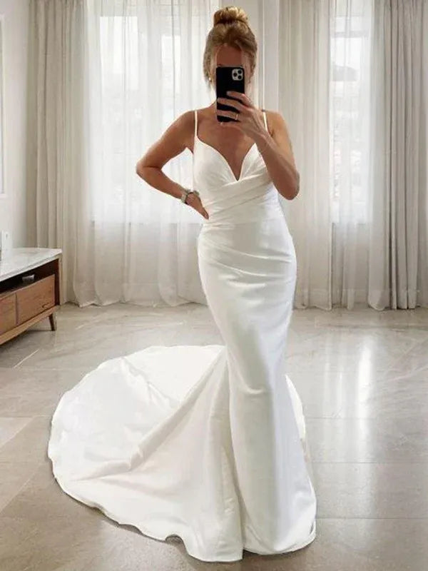 Thin Spaghetti Strap V-Back Ruched Satin Mermaid Floor-Length Wedding Dress